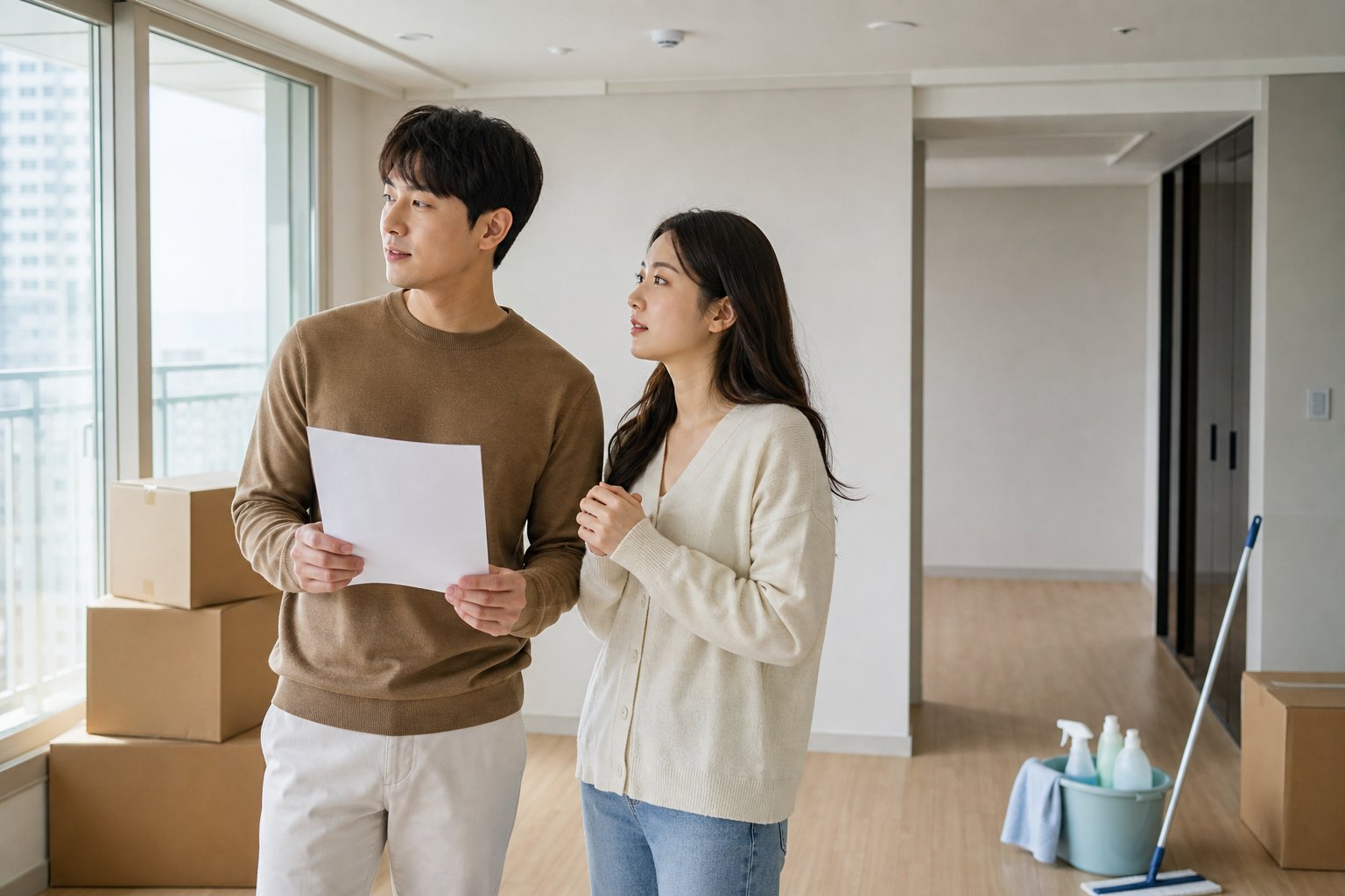신혼부부가 빈 신혼집에서 입주청소 일정과 가구 반입 순서를 확인하는 모습