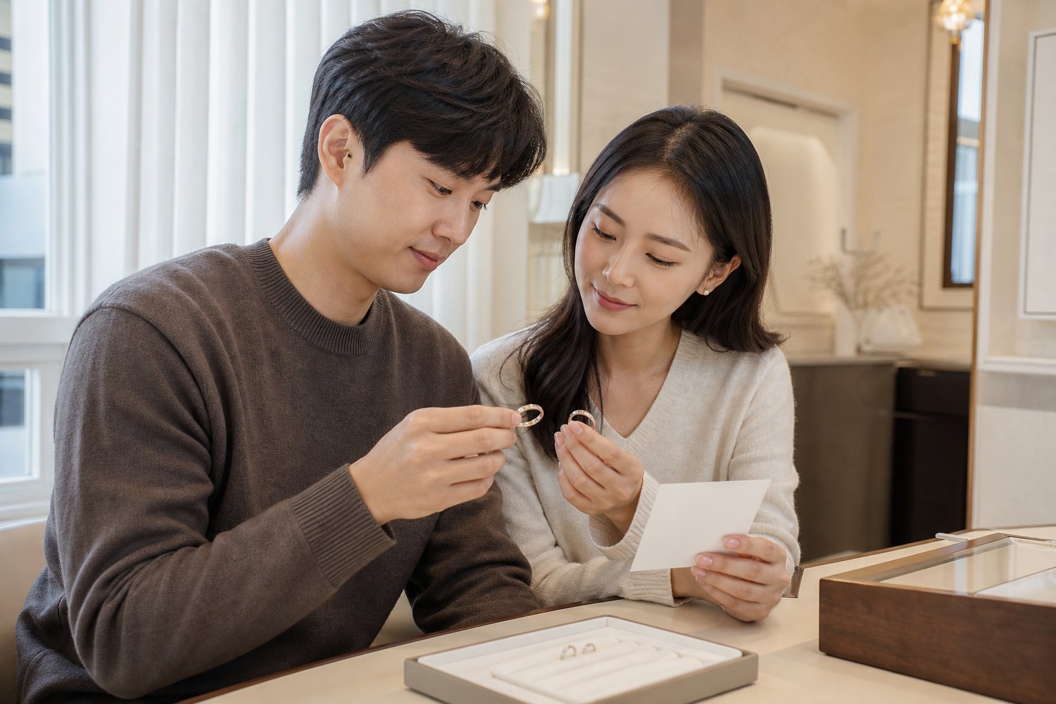 신혼부부가 결혼반지 각인과 반지 안쪽 폭을 살피는 모습