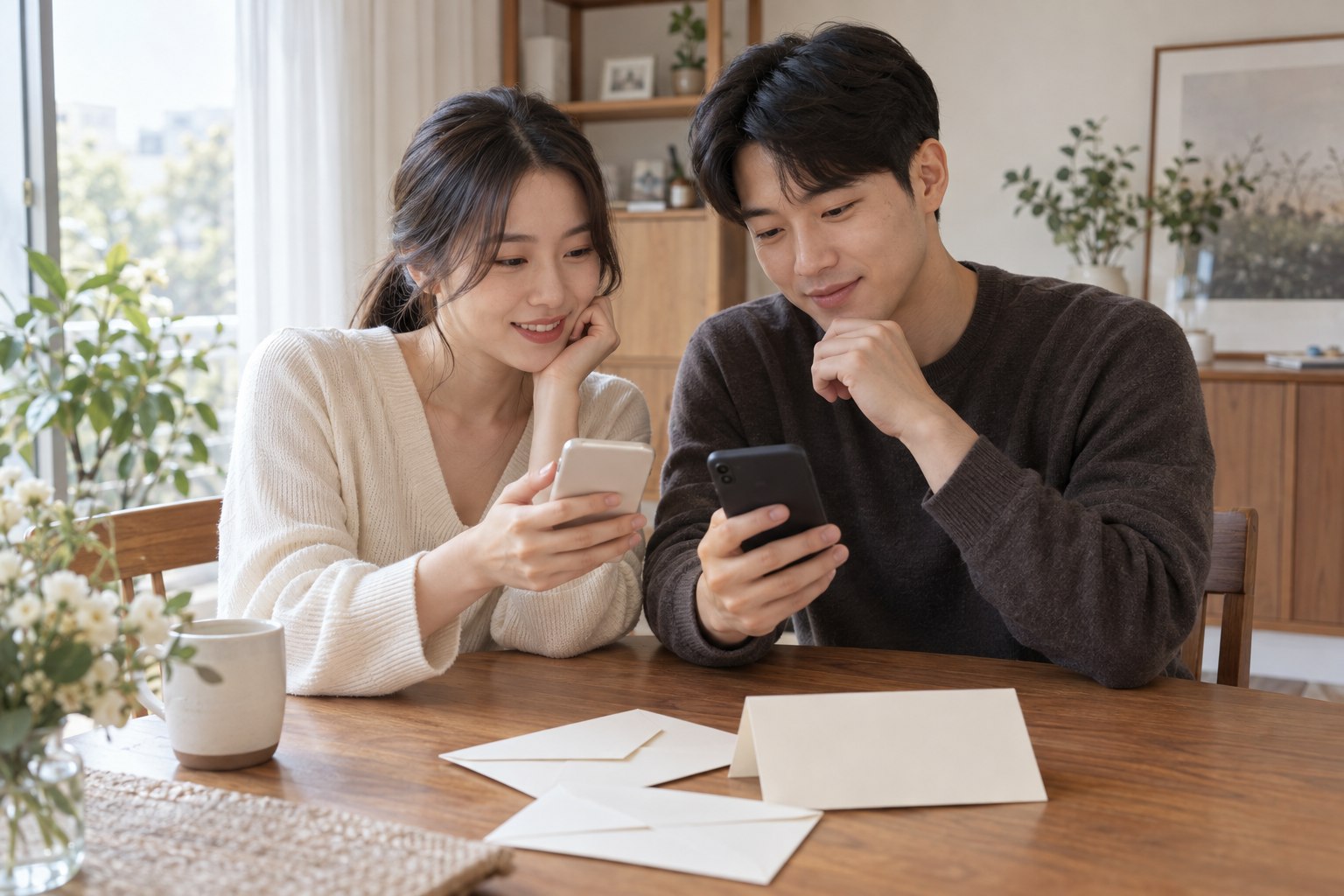 각자의 휴대폰으로 청첩장 안내 정보를 함께 대조하는 예비부부