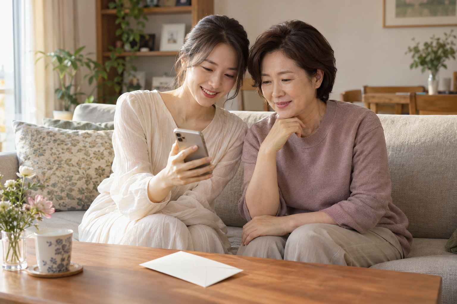 완성된 모바일 청첩장 화면을 어머니와 함께 확인하는 예비신부
