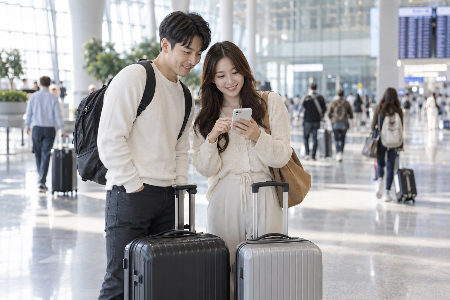 공항 도착장에서 여행 가방 옆에 서서 픽업 안내를 함께 확인하는 두 사람