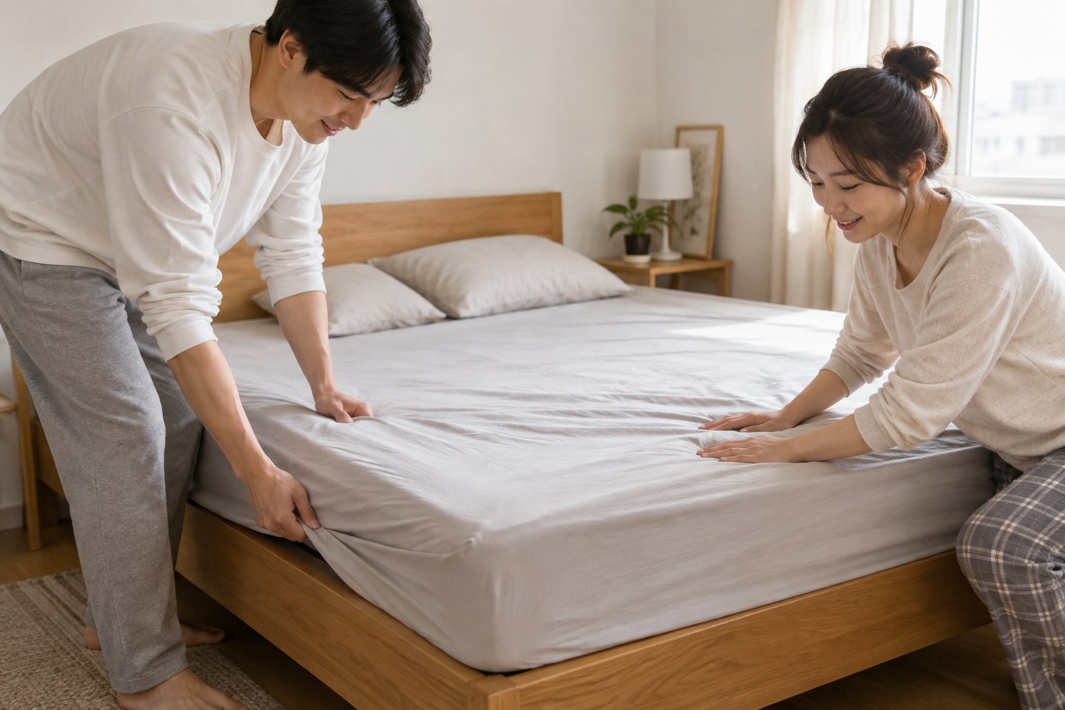 신혼부부가 침대 매트리스 모서리에 밝은색 시트를 함께 맞추는 모습