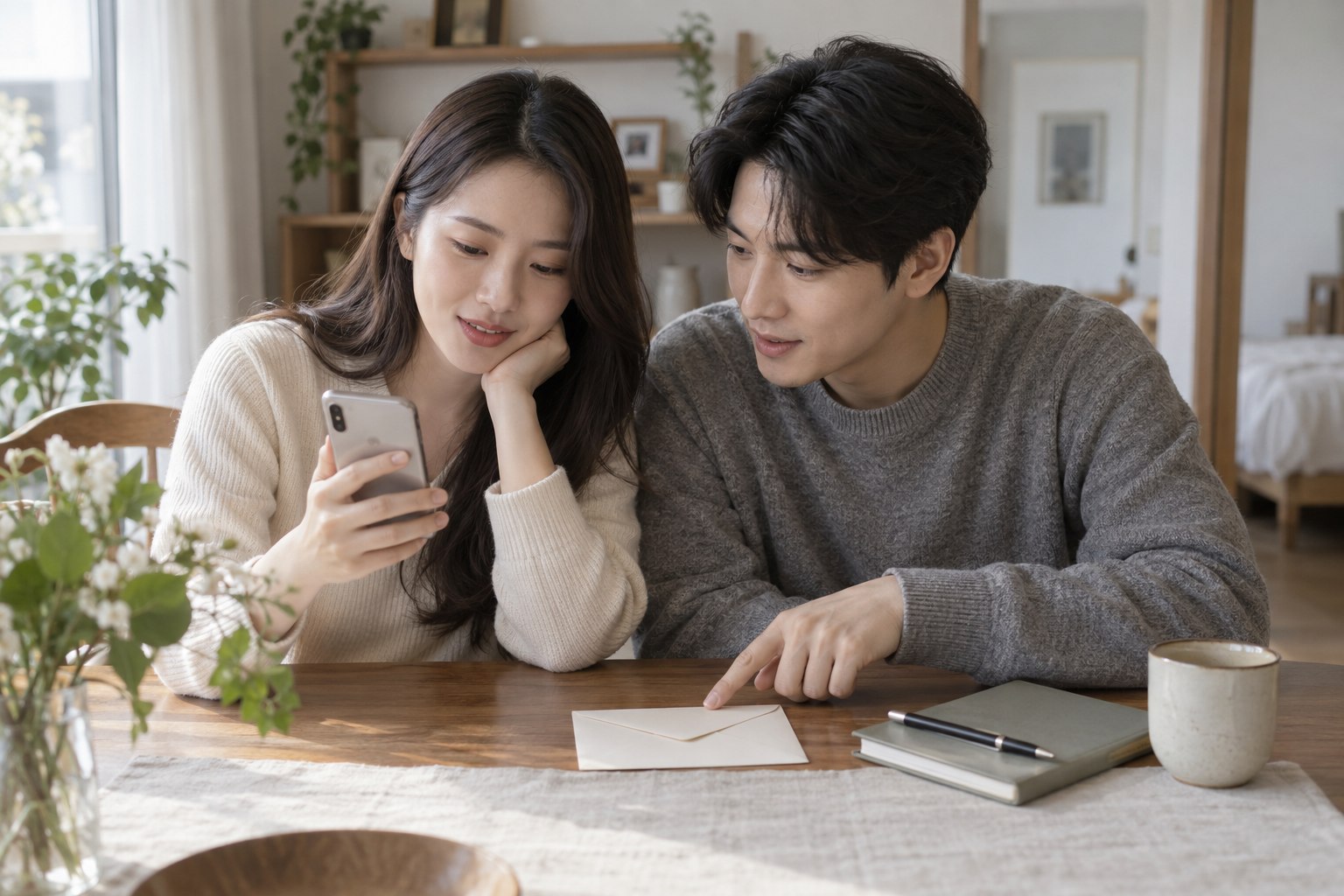 두 사람이 휴대폰과 청첩장을 보며 변경할 예식 정보를 확인하는 모습