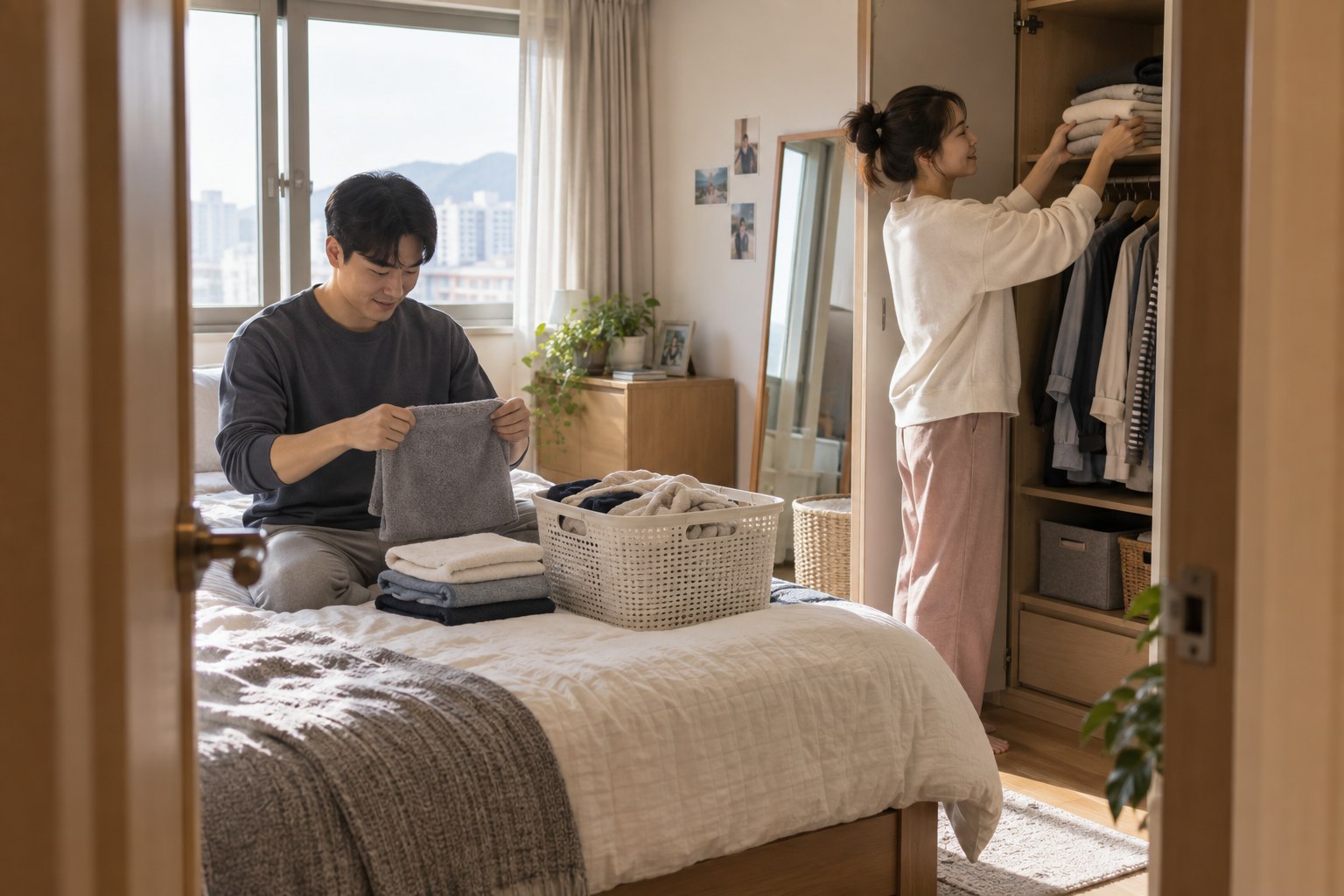 한 사람은 수건을 개고 다른 사람은 선반에 넣으며 세탁물 정리를 나누는 모습