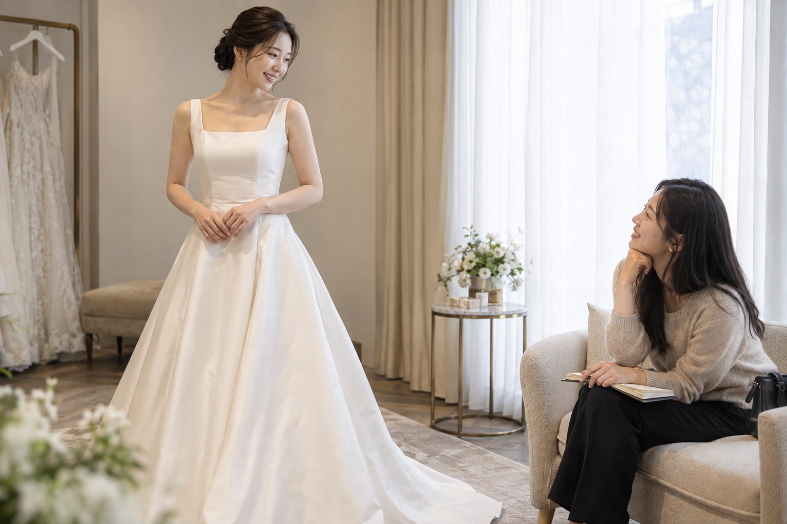 드레스를 입은 신부의 이야기를 동행한 친구가 메모하며 듣는 피팅 상담 장면