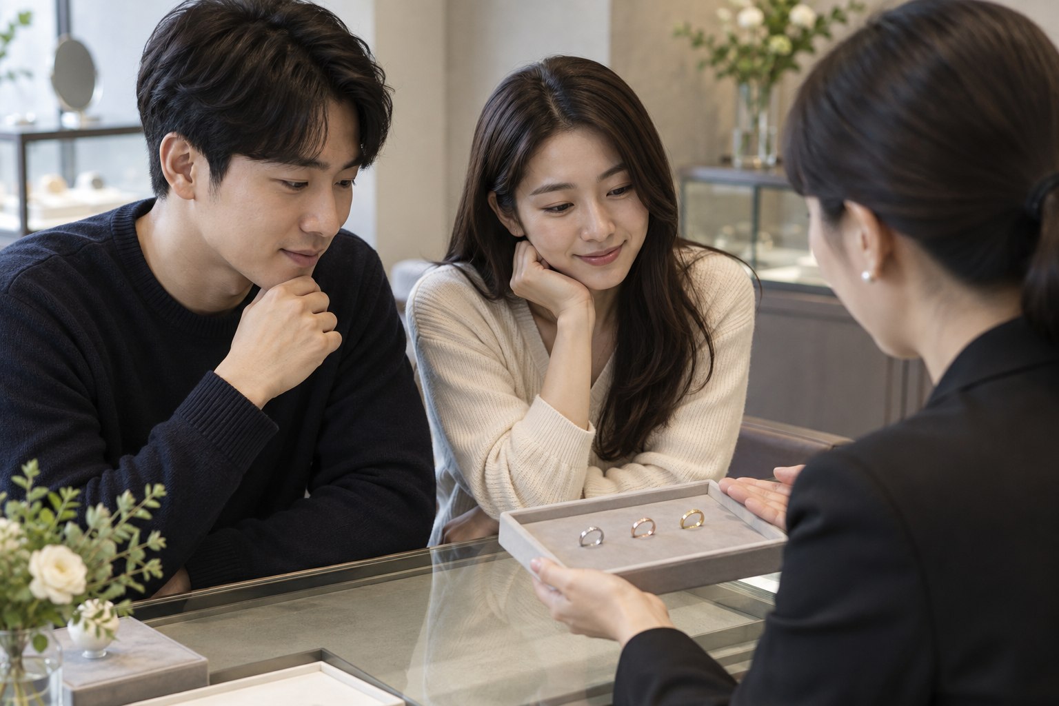 예비부부가 예물 매장에서 상담사와 반지 샘플을 보며 이야기하는 모습