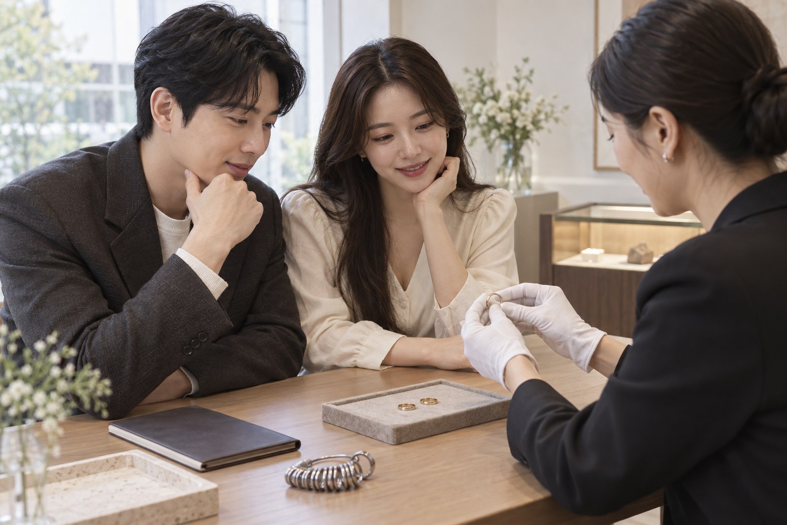 맞춤 결혼반지 샘플을 보며 제작 일정을 상담하는 예비부부