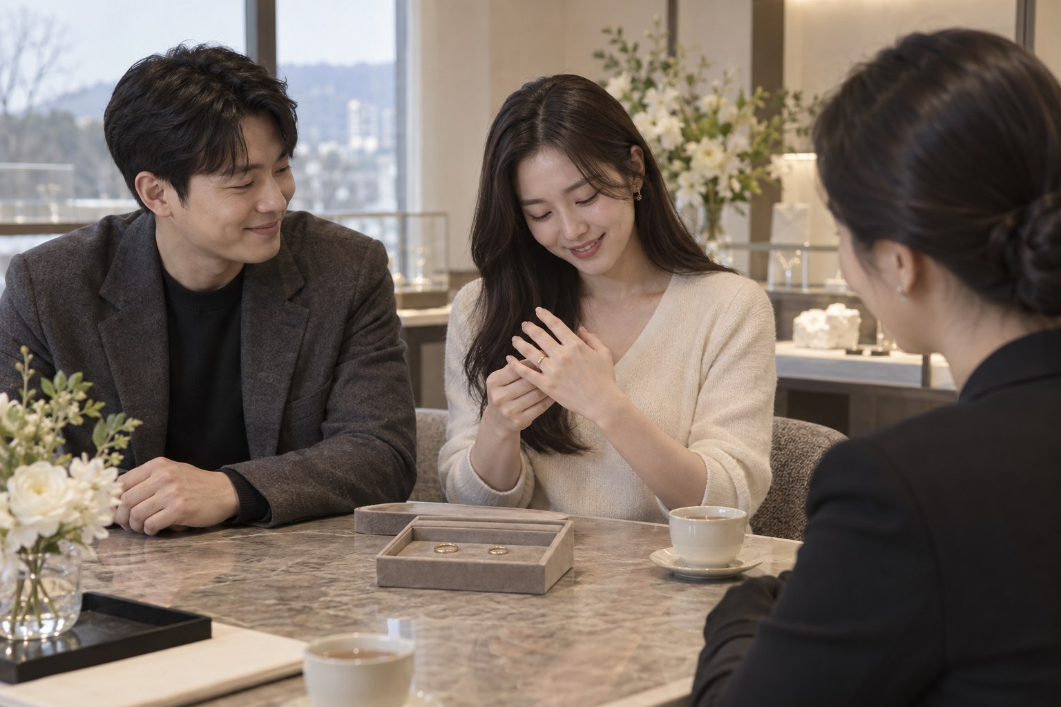 완성된 결혼반지를 착용하며 매장 담당자와 확인하는 커플