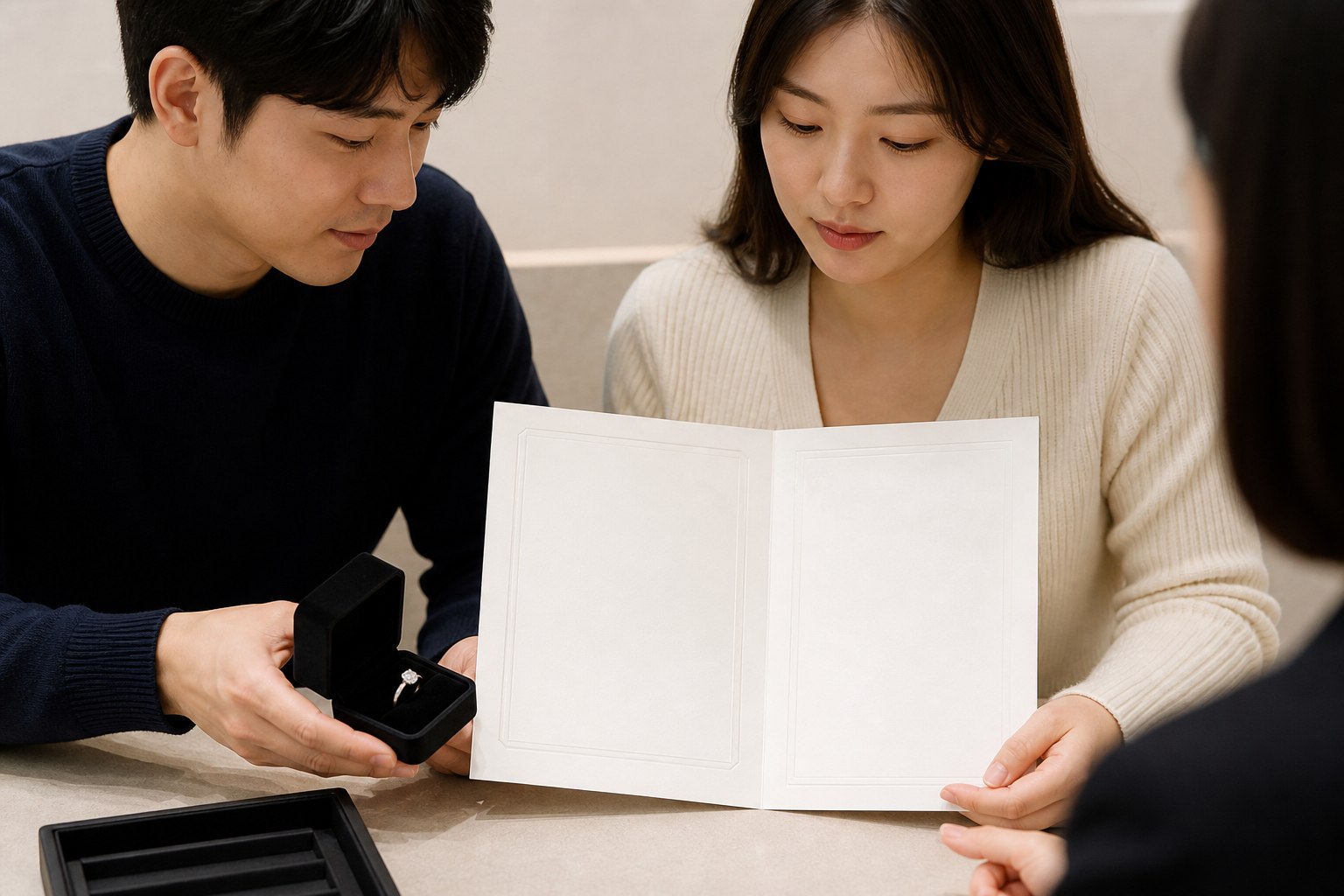 예비부부가 예물 반지와 빈 감정서 서류를 함께 확인하는 모습