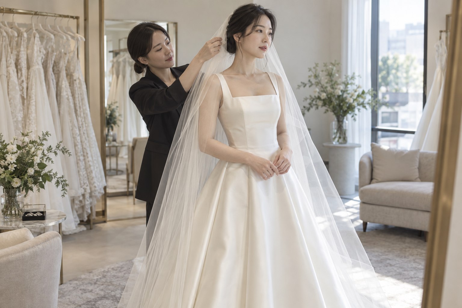 아이보리 웨딩드레스 위에 베일을 대어 전체 조화를 살펴보는 피팅 장면