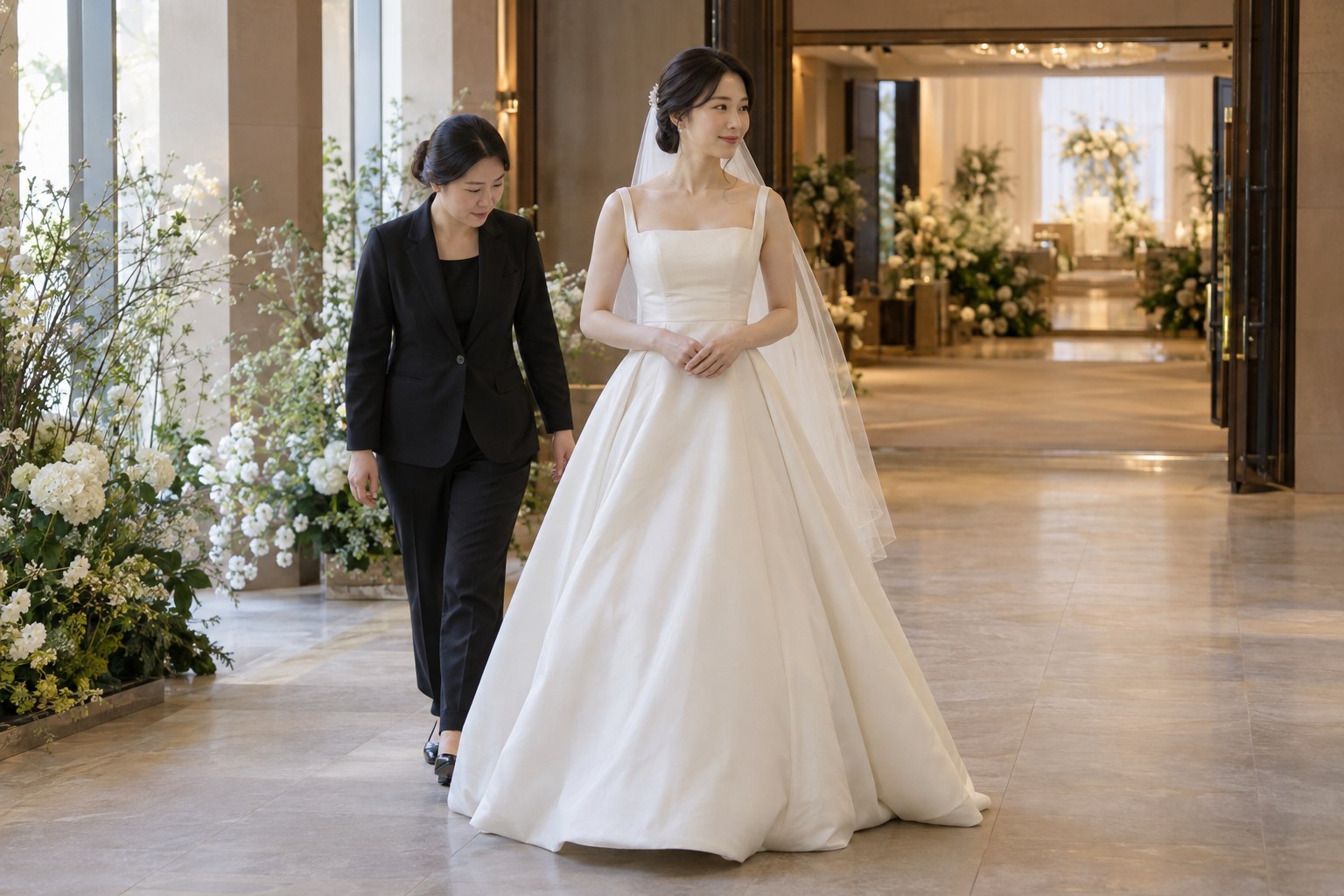 넓고 평평한 예식장 복도를 담당자와 함께 천천히 이동하는 신부