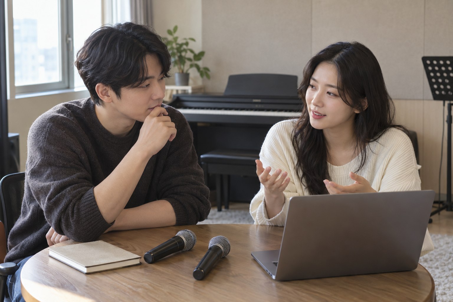 연습실에서 두 사람이 결혼식 듀엣 축가 후보를 상의하는 모습