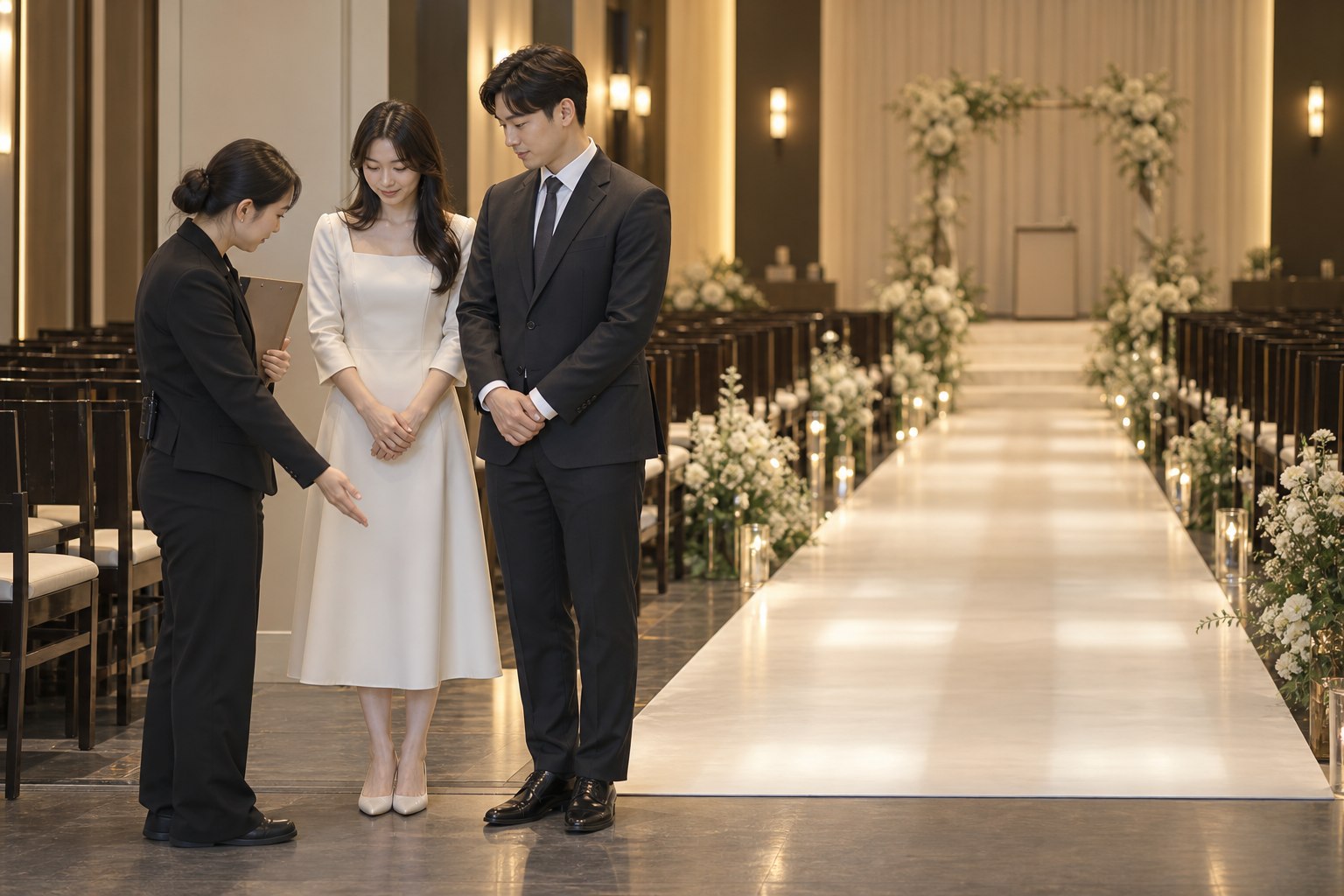 빈 예식장 입구에서 담당자와 입장 위치 및 출발 신호를 확인하는 예비부부