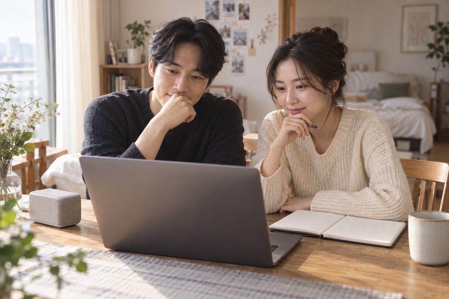노트북과 작은 스피커로 입장곡 후보를 들으며 의견을 나누는 예비부부