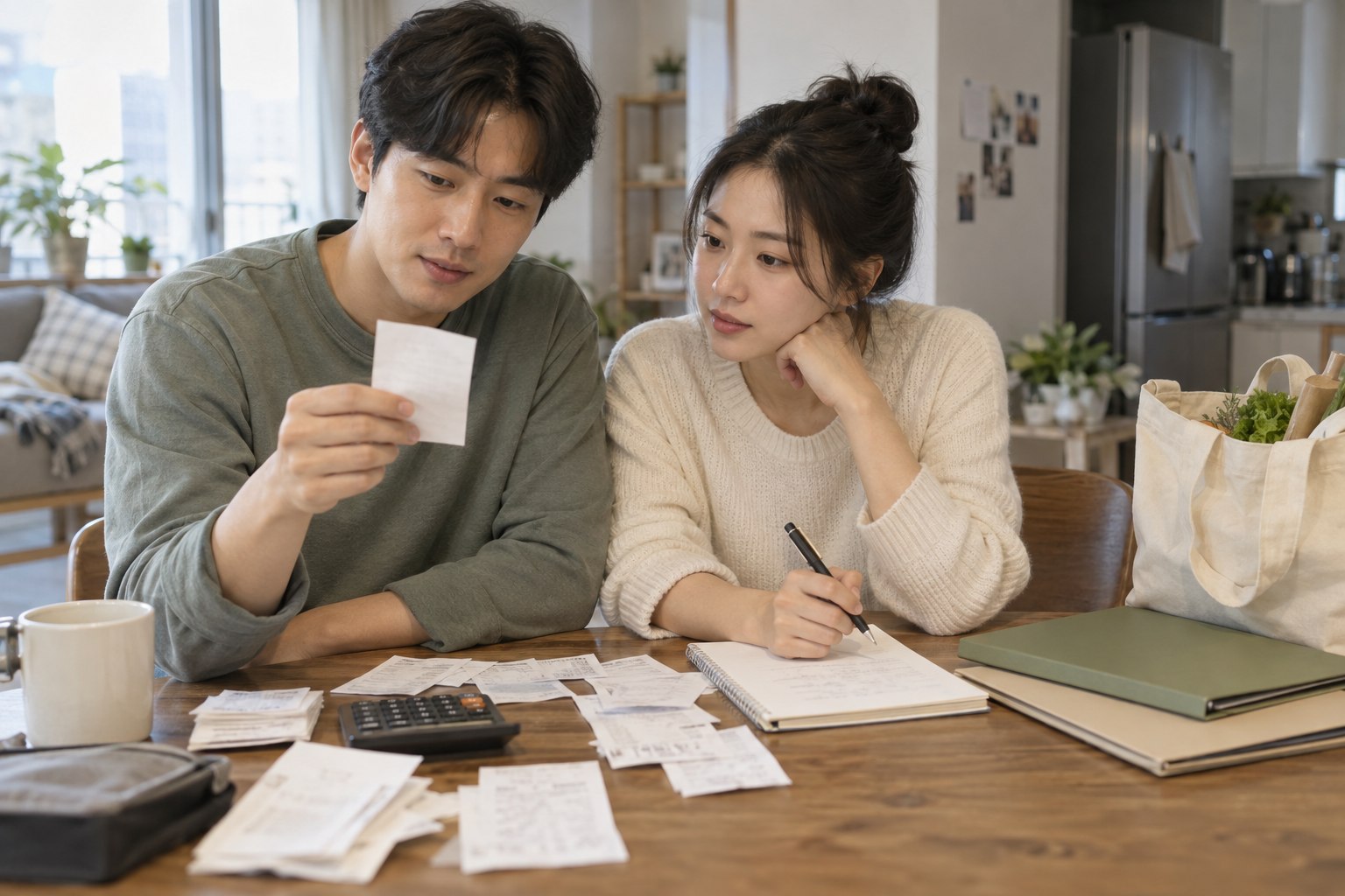 신혼집 식탁에서 영수증과 메모를 함께 보며 생활비 내역을 정리하는 부부
