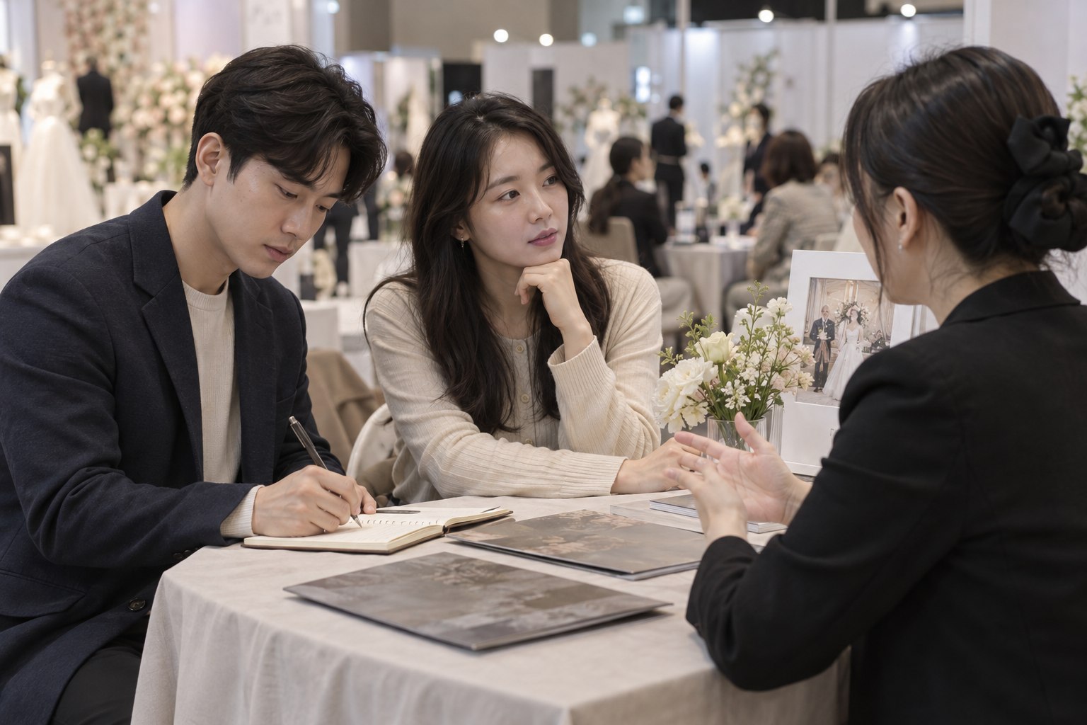 웨딩박람회 상담에서 설명을 듣는 사람과 메모하는 사람으로 역할을 나눈 예비부부