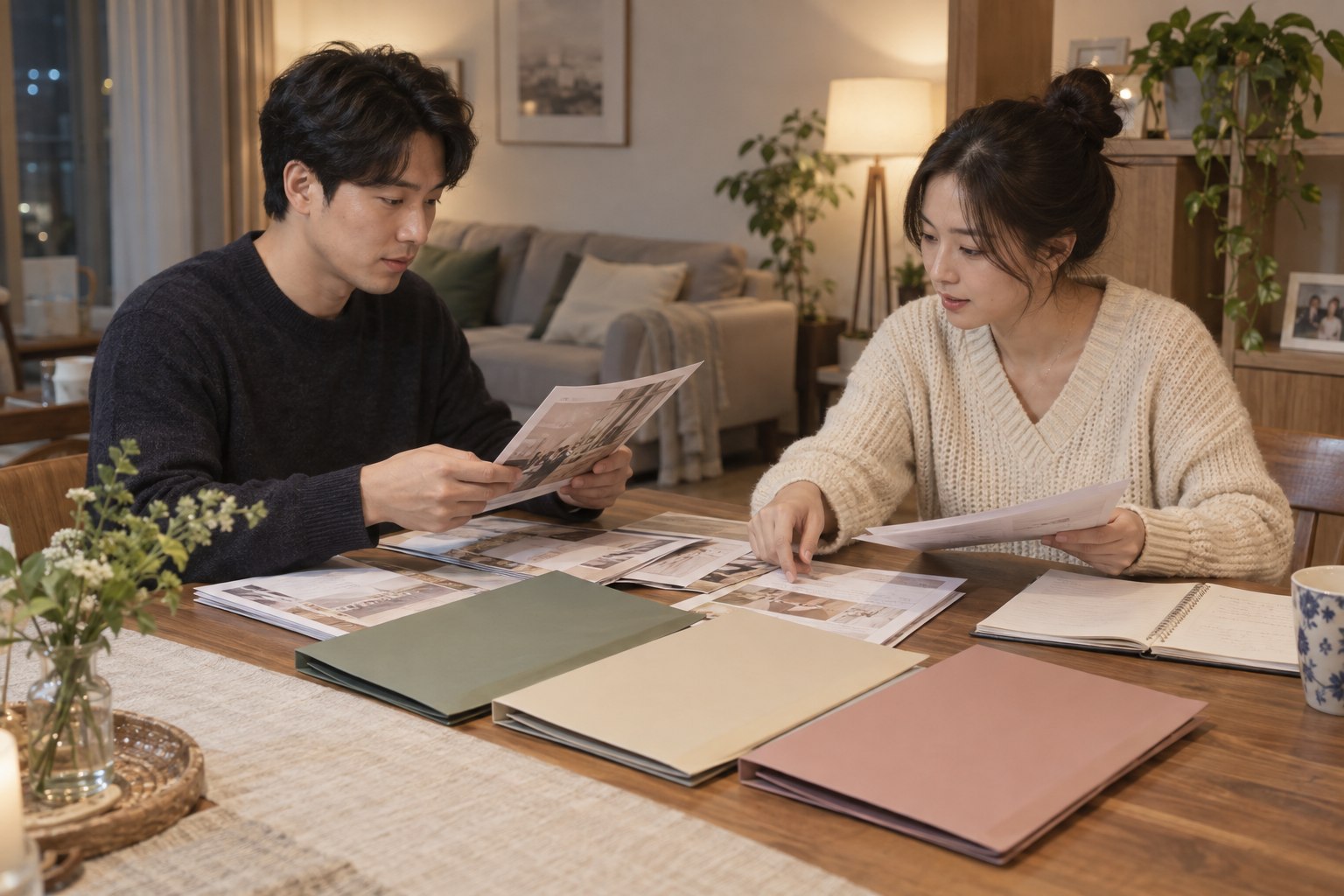 박람회 방문 후 집에서 업체별 상담 자료와 견적 메모를 분류하는 예비부부