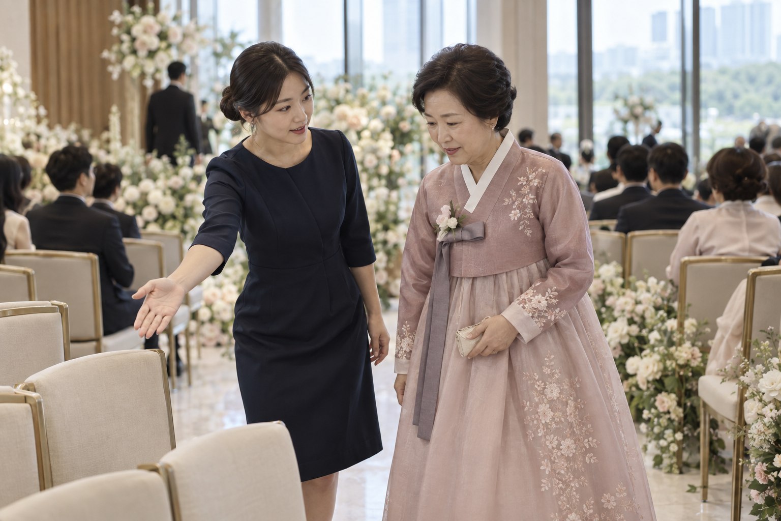 한복을 입은 가족에게 통로 옆 좌석을 안내하는 모습