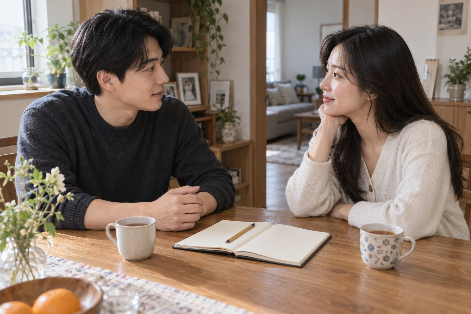 상견례 전에 노트를 놓고 가족에게 전할 내용을 의논하는 예비부부