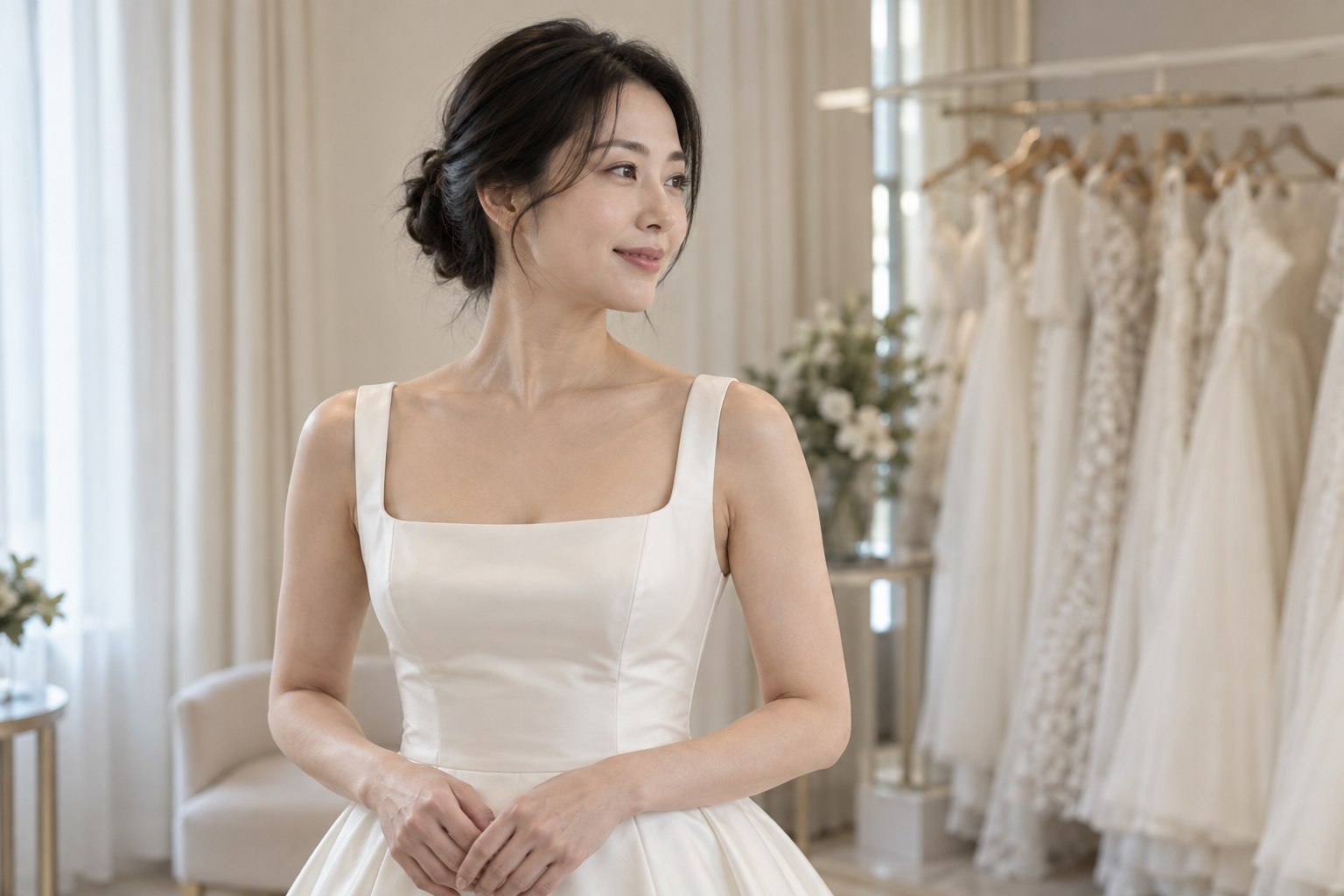 머리를 낮게 묶어 목선과 어깨가 드러난 상태로 드레스를 피팅하는 여성