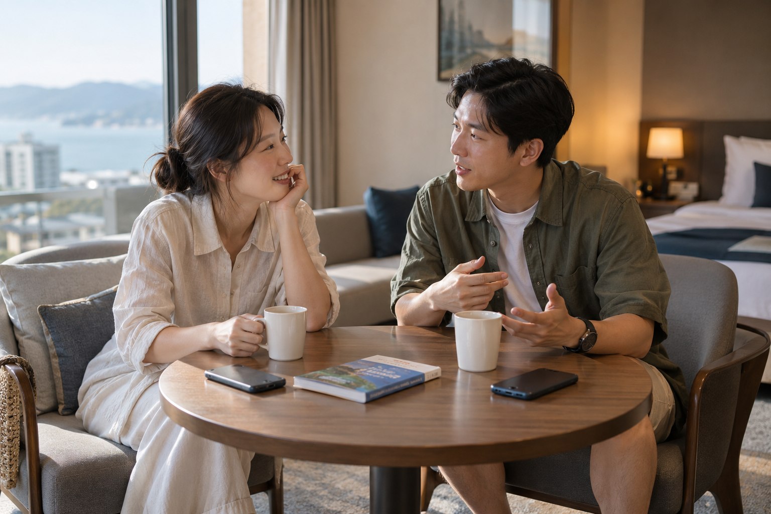 숙소 테이블에서 각자 보내고 싶은 자유시간을 의논하는 부부
