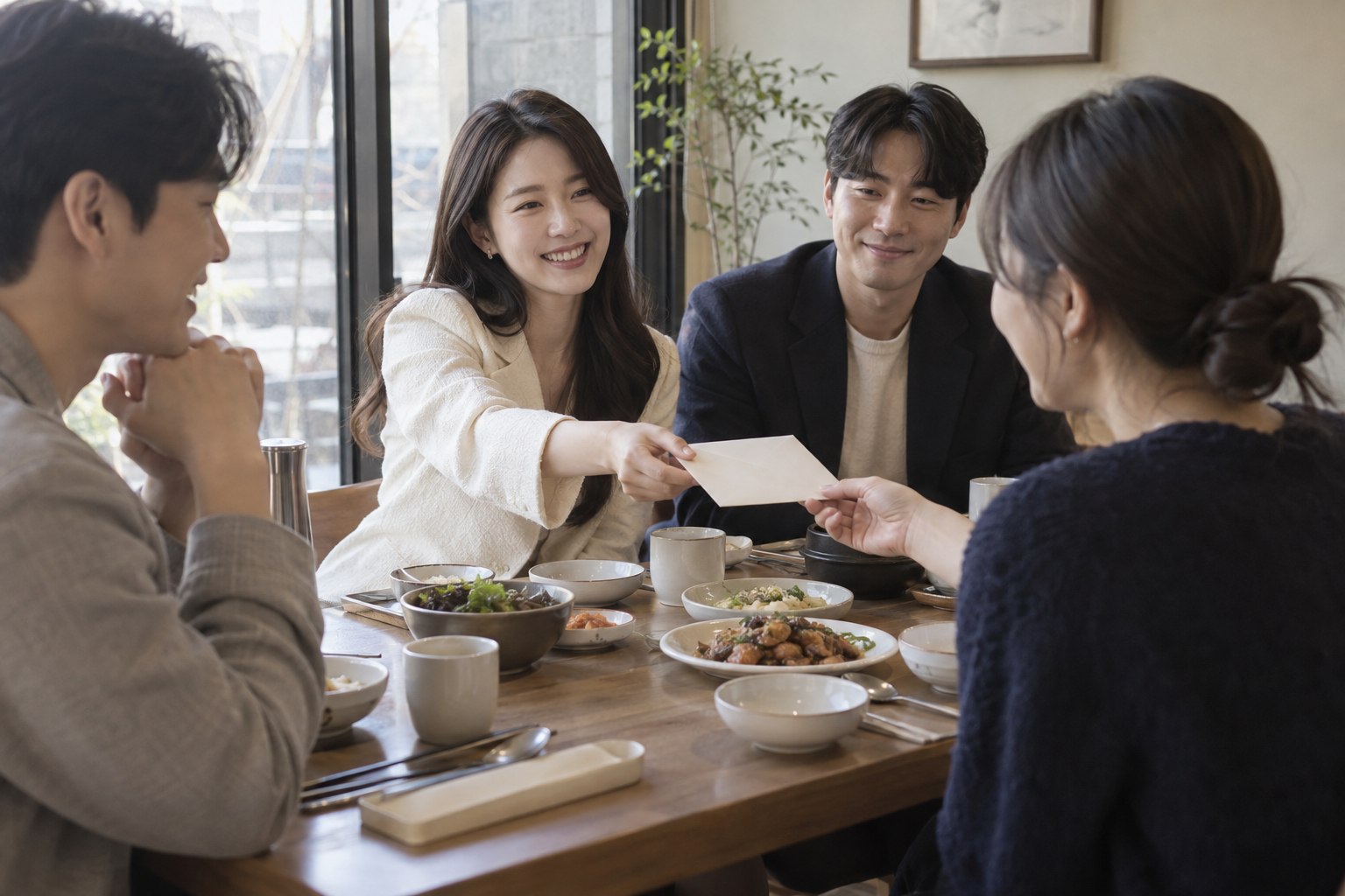 작은 식사 자리에서 친구에게 청첩장 봉투를 건네며 이야기하는 모습