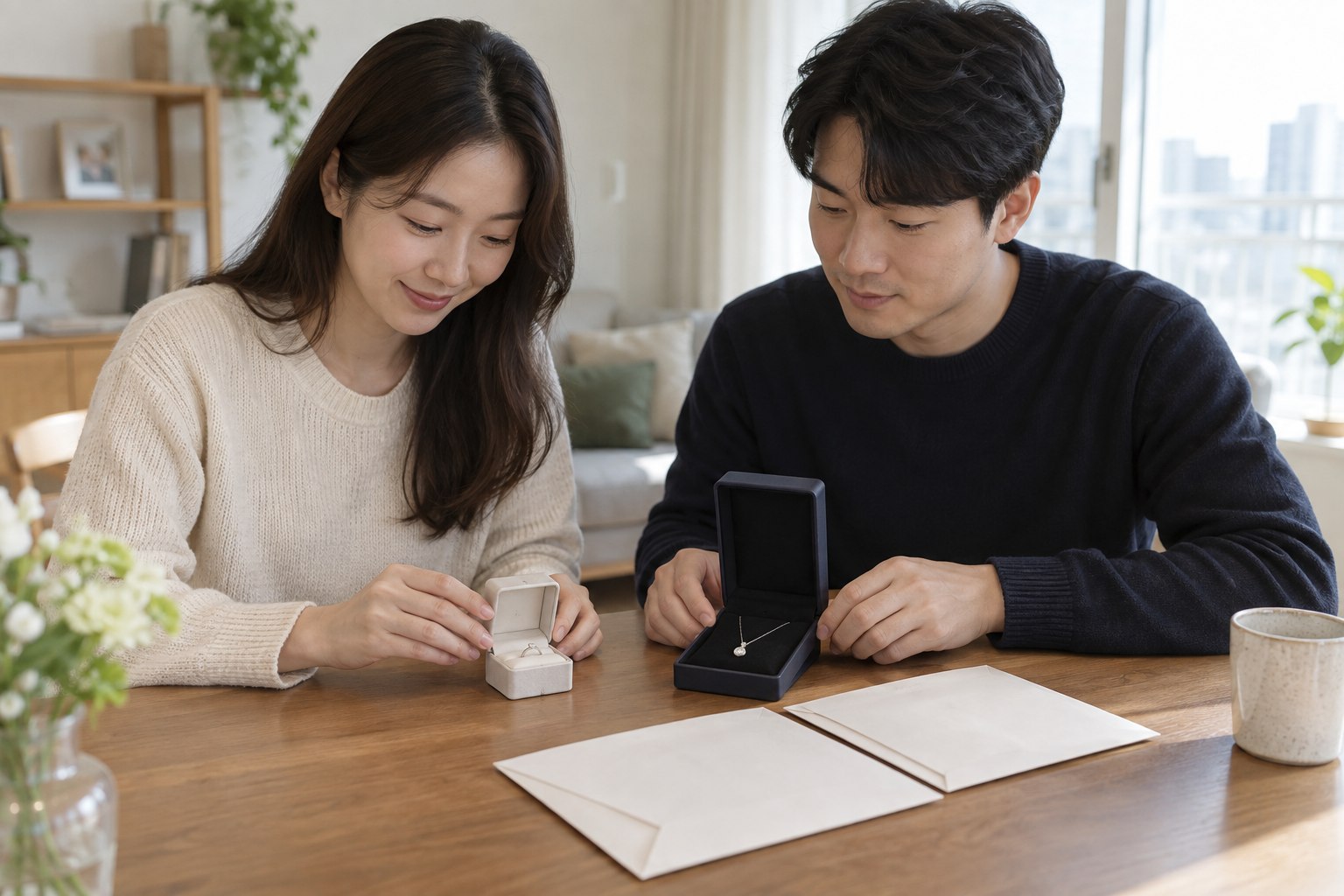 두 사람이 집에서 예물 케이스와 서류 봉투를 함께 정리하는 모습