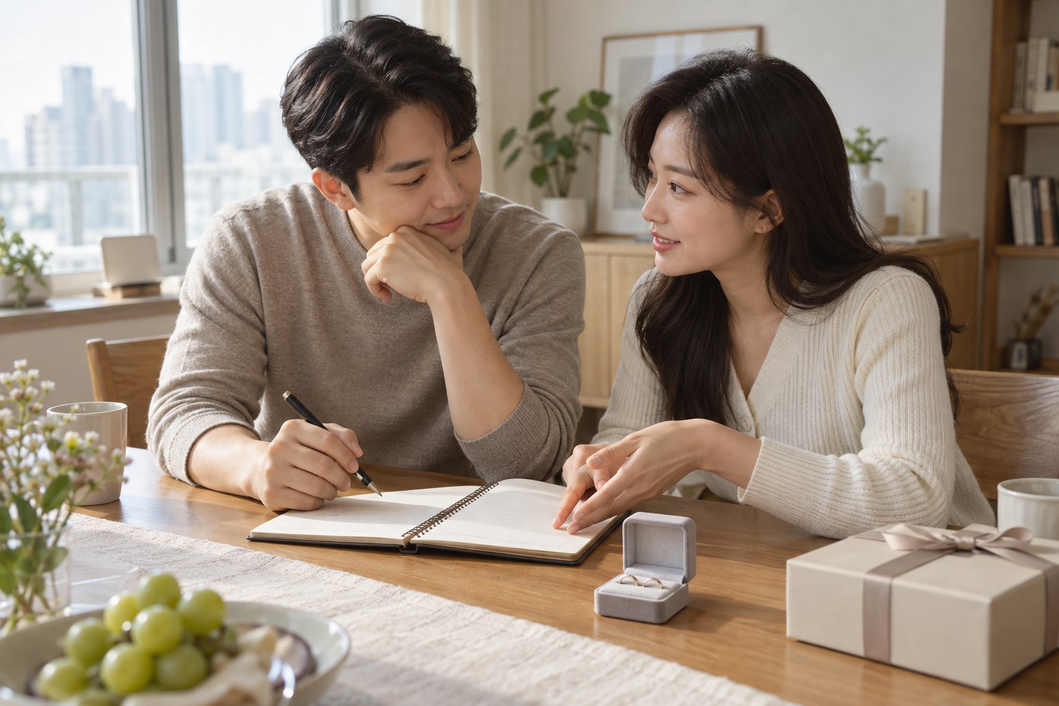 반지 상자와 수첩을 앞에 두고 예물과 가족 선물의 준비 범위를 의논하는 예비부부