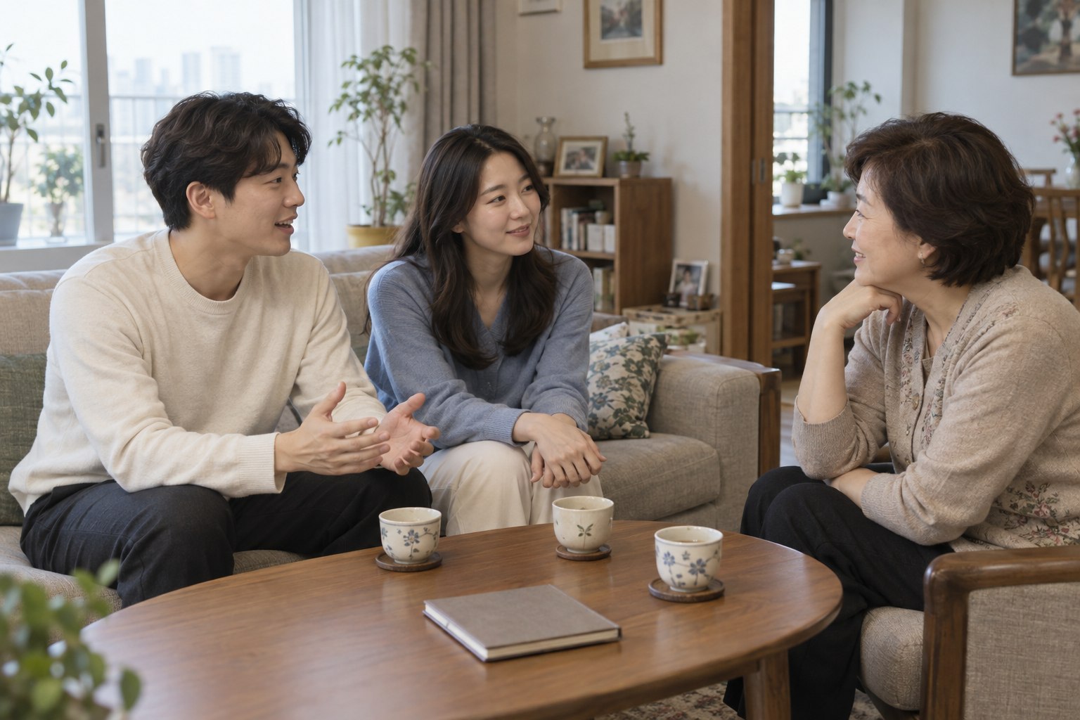 가족의 거실에서 부모님과 예물·예단 간소화 방향을 차분히 이야기하는 예비부부