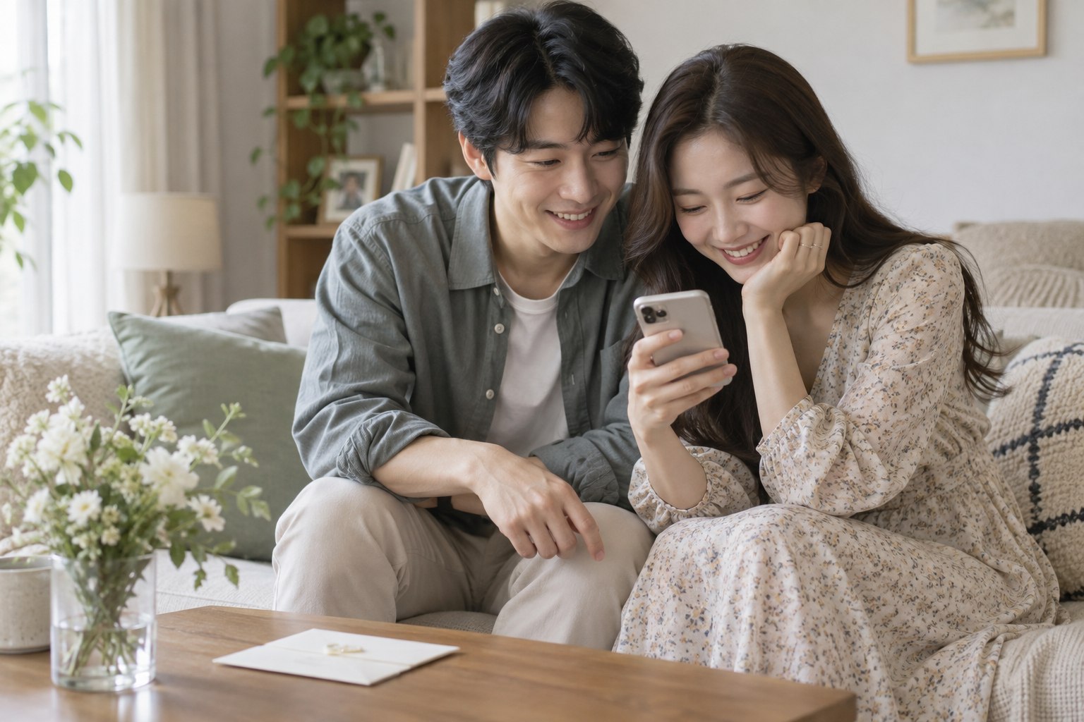 소파에 나란히 앉아 휴대전화로 결혼 축하 메시지를 함께 확인하는 예비부부