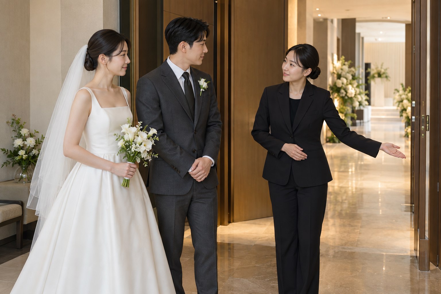 대기실 앞에서 예식장 담당자의 입장 준비 안내를 듣는 신랑신부