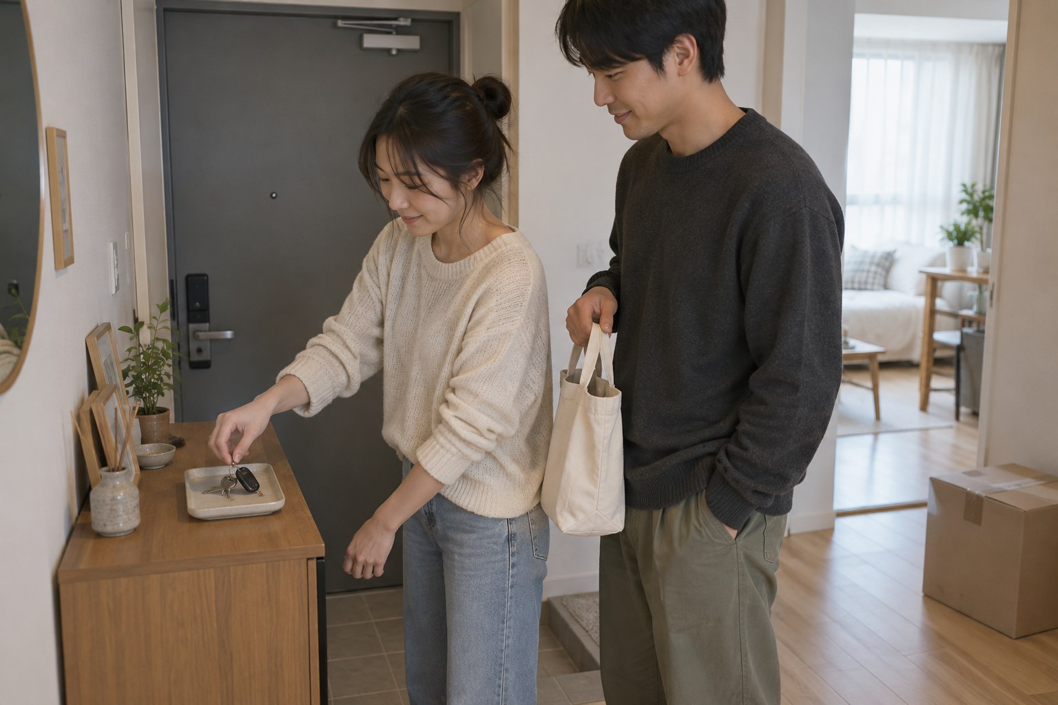 현관의 기존 수납장 위에 열쇠를 둘 임시 자리를 함께 시험하는 신혼부부
