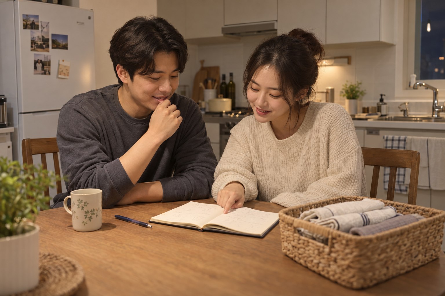 주방 식탁에서 물건 위치를 바꾼 뒤의 생활 메모를 함께 확인하는 신혼부부