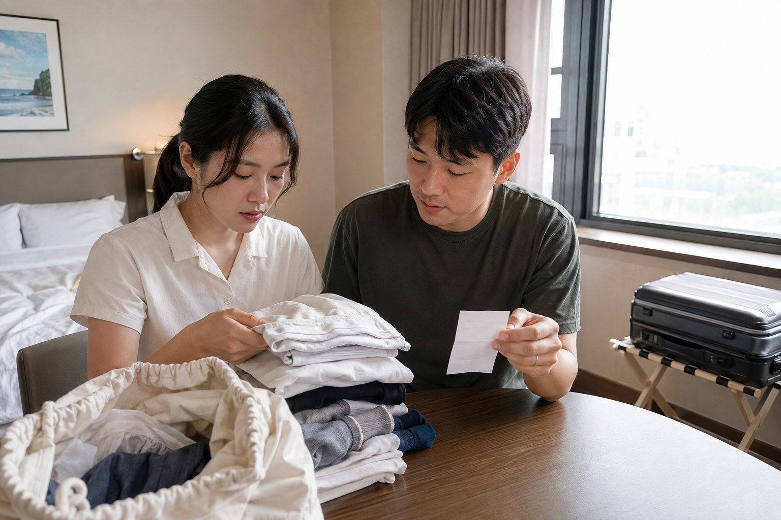 숙소에서 돌려받은 세탁물의 수량과 상태를 확인하는 신혼부부