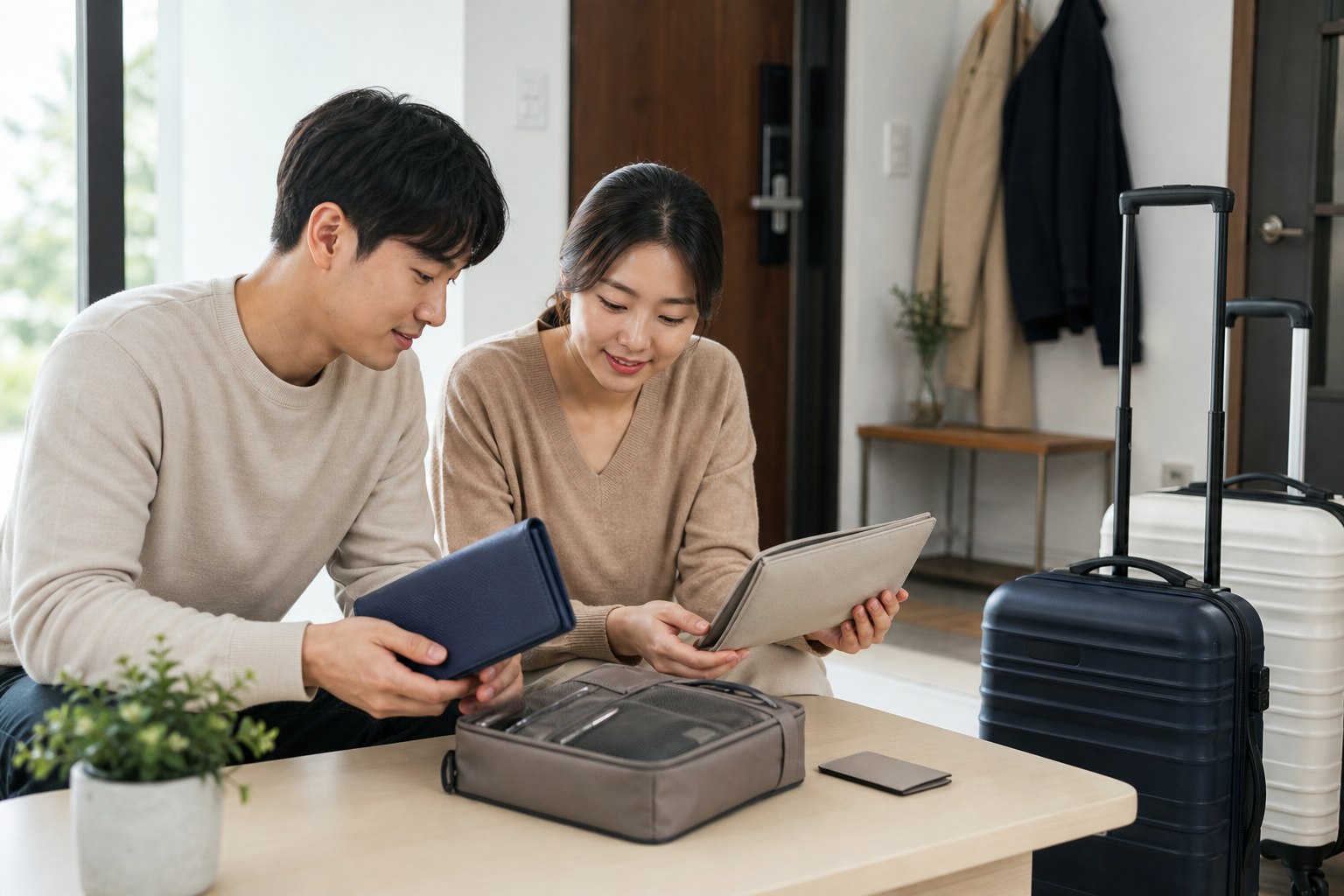 신혼부부가 허니문 출발 전 여행 서류와 귀중품 파우치를 나눠 준비하는 모습