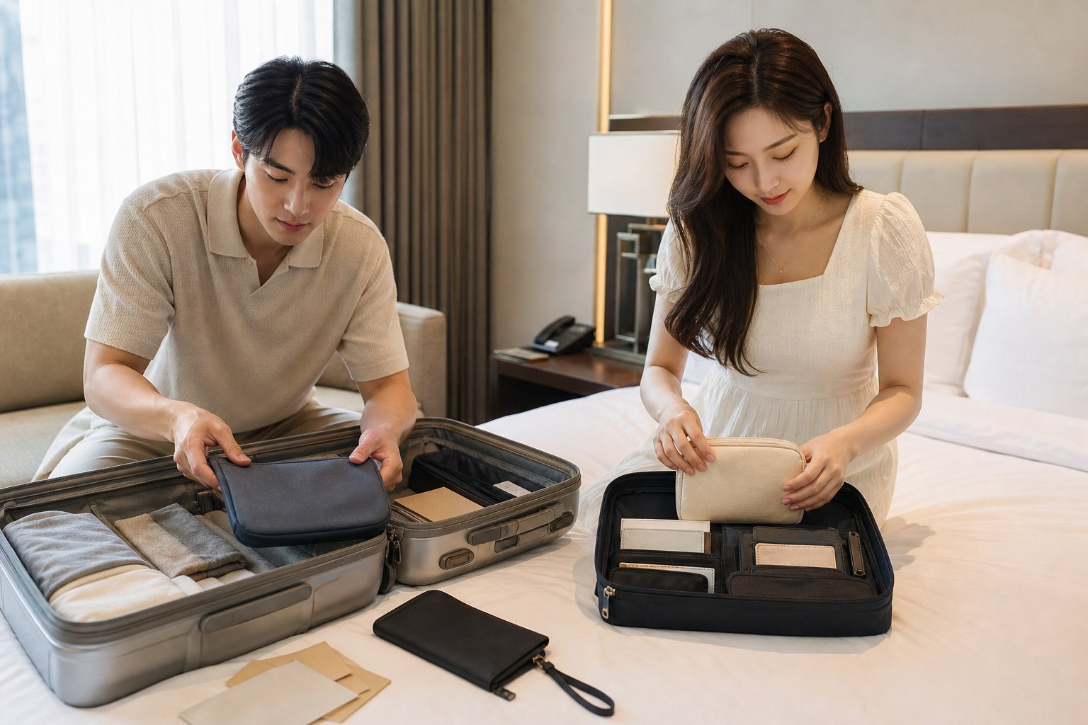 신혼부부가 허니문 숙소에서 여행 파우치와 귀중품을 나눠 보관하는 모습