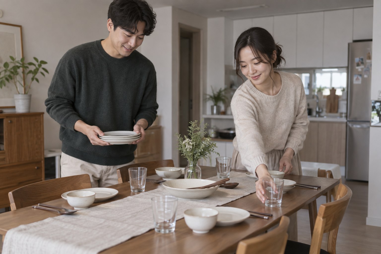 집들이 전에 접시와 컵 수량을 함께 확인하는 두 사람