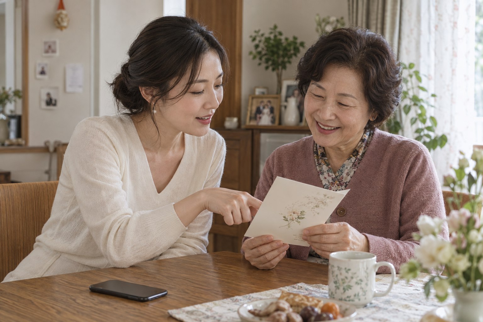 종이 청첩장을 보며 어머니에게 예식 안내를 설명하는 장면