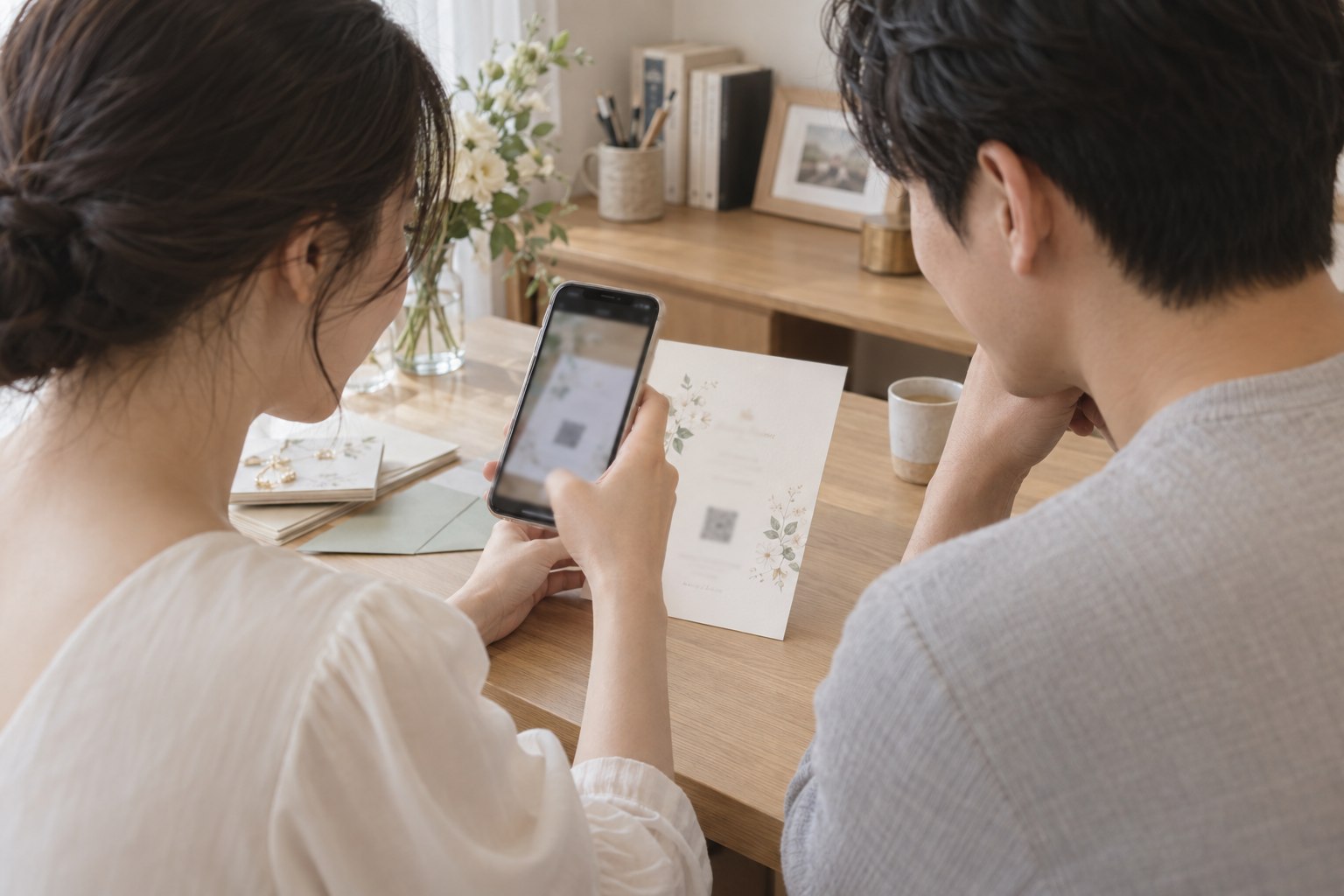 종이 청첩장 시안을 휴대전화로 확인하는 예비부부의 연출 이미지