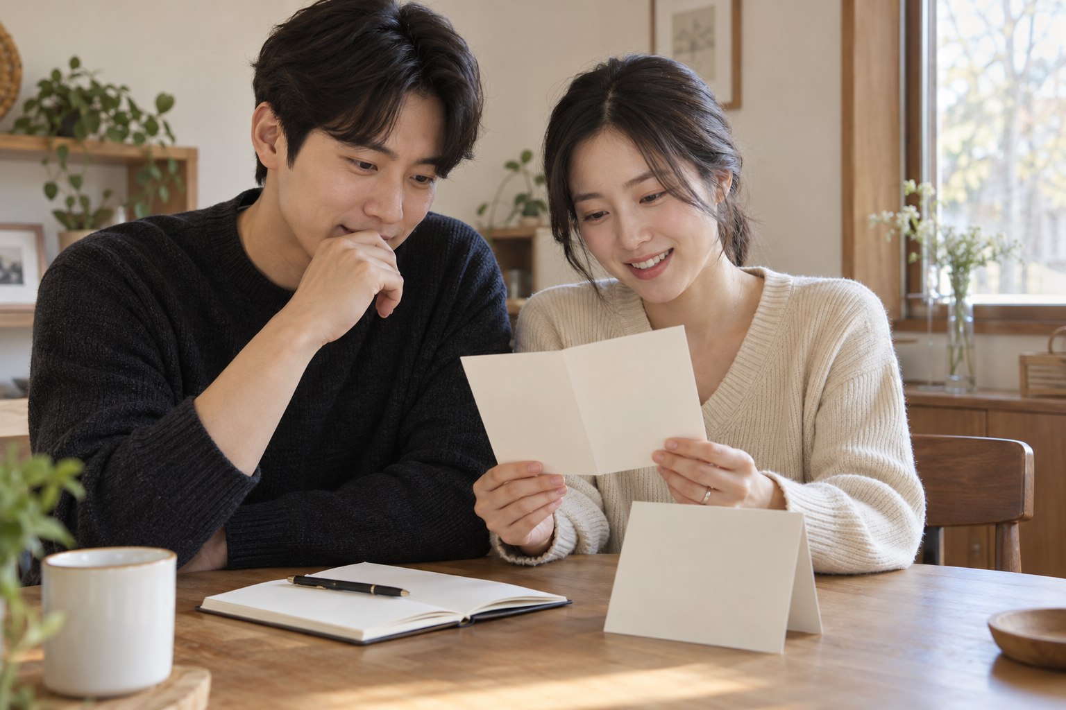 청첩장 문구를 정하기 위해 카드 시안을 함께 살펴보는 예비부부
