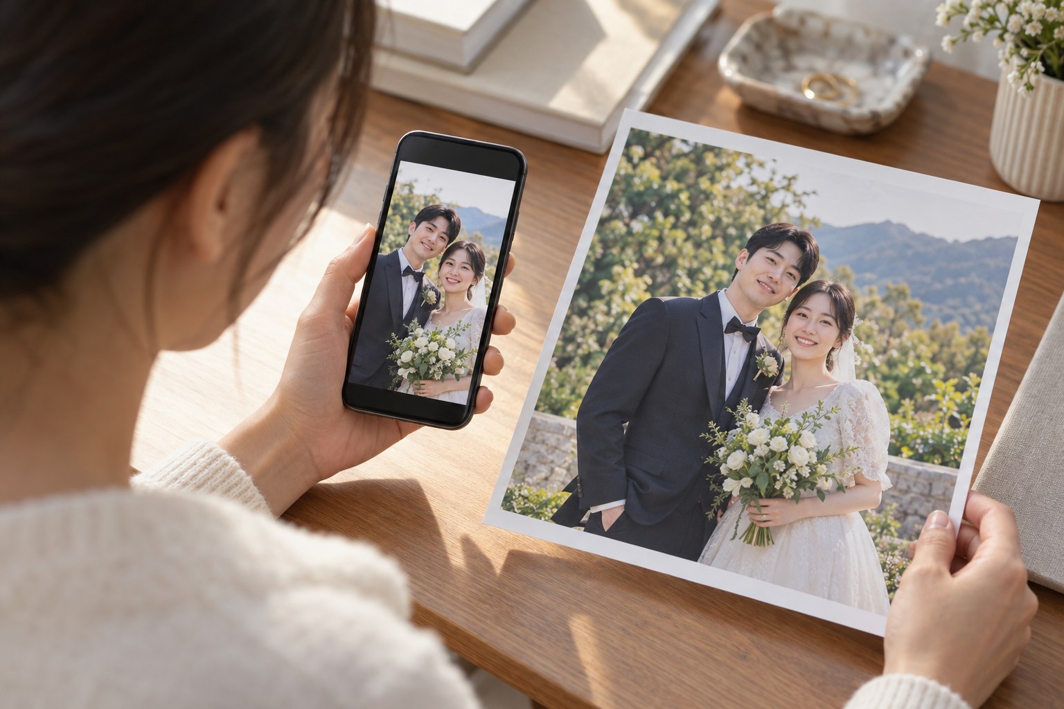 휴대폰에 표시된 인물 사진과 큰 사진을 나란히 보며 구도를 확인하는 모습