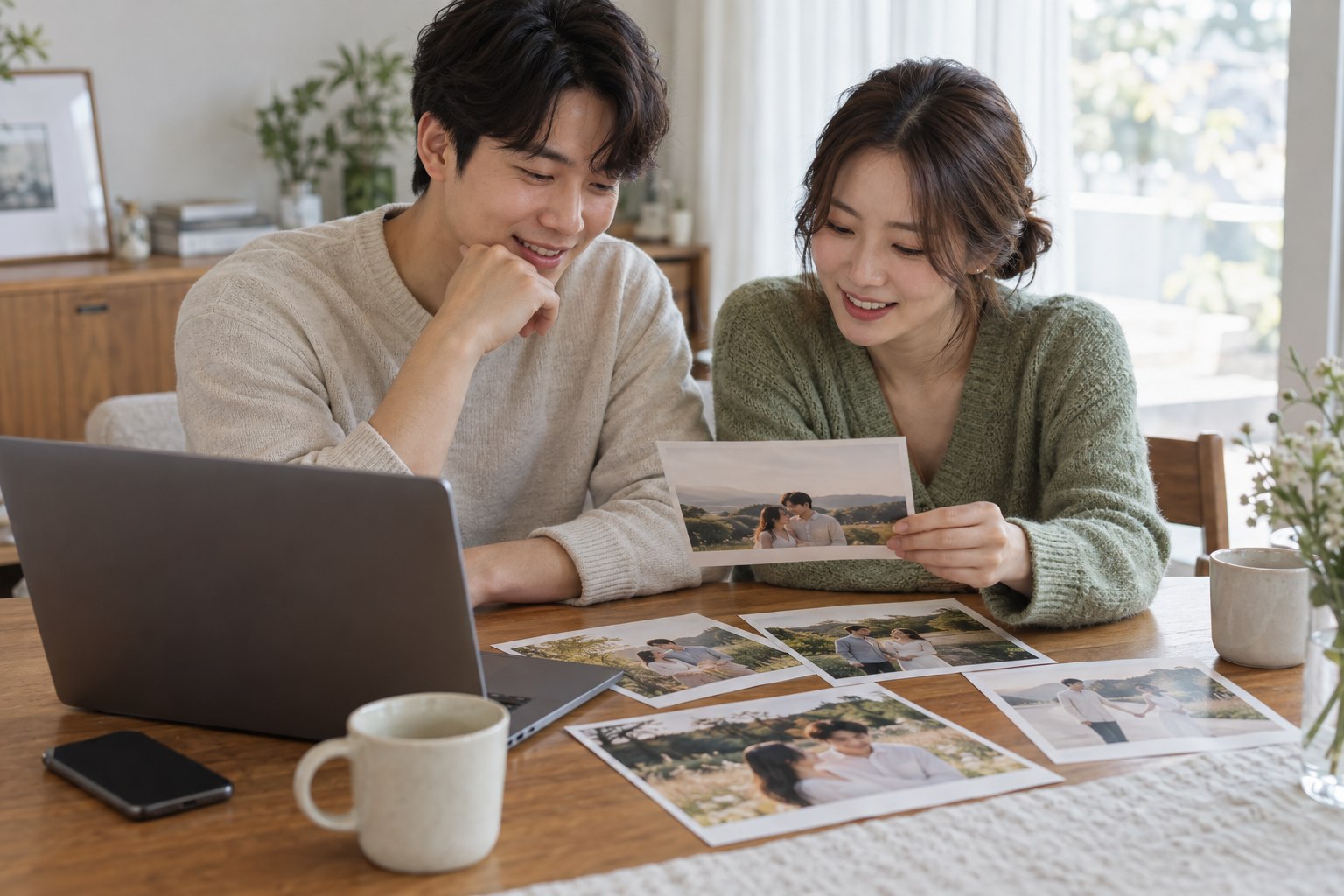두 사람이 인화한 사진을 펼쳐 놓고 청첩장에 쓸 후보를 고르는 모습