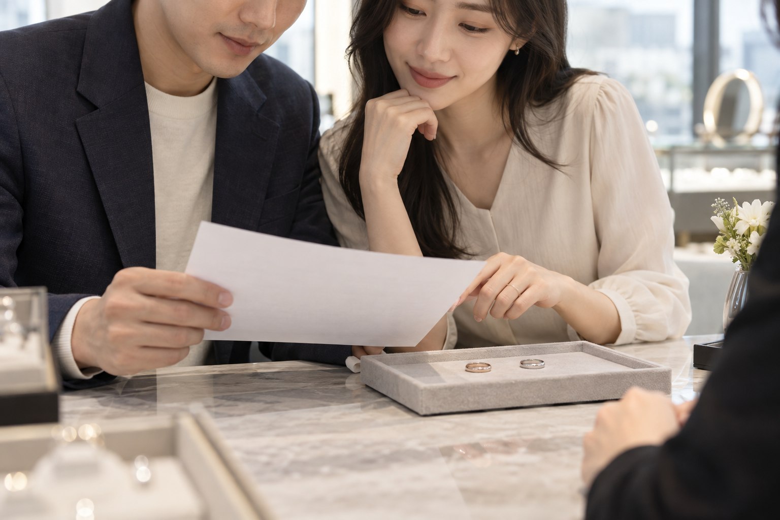 예물 매장에서 두 사람이 반지 트레이 옆 주문 내용을 함께 확인하는 모습