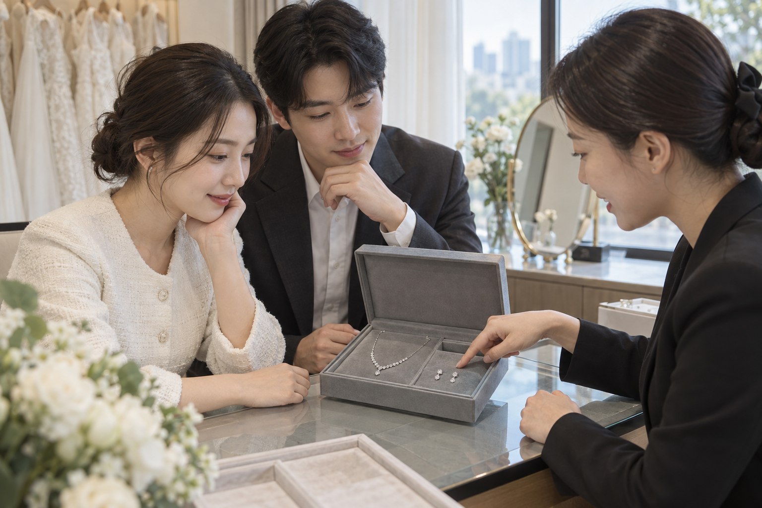 대여 주얼리 케이스의 목걸이와 귀걸이 구성을 확인하는 예비부부