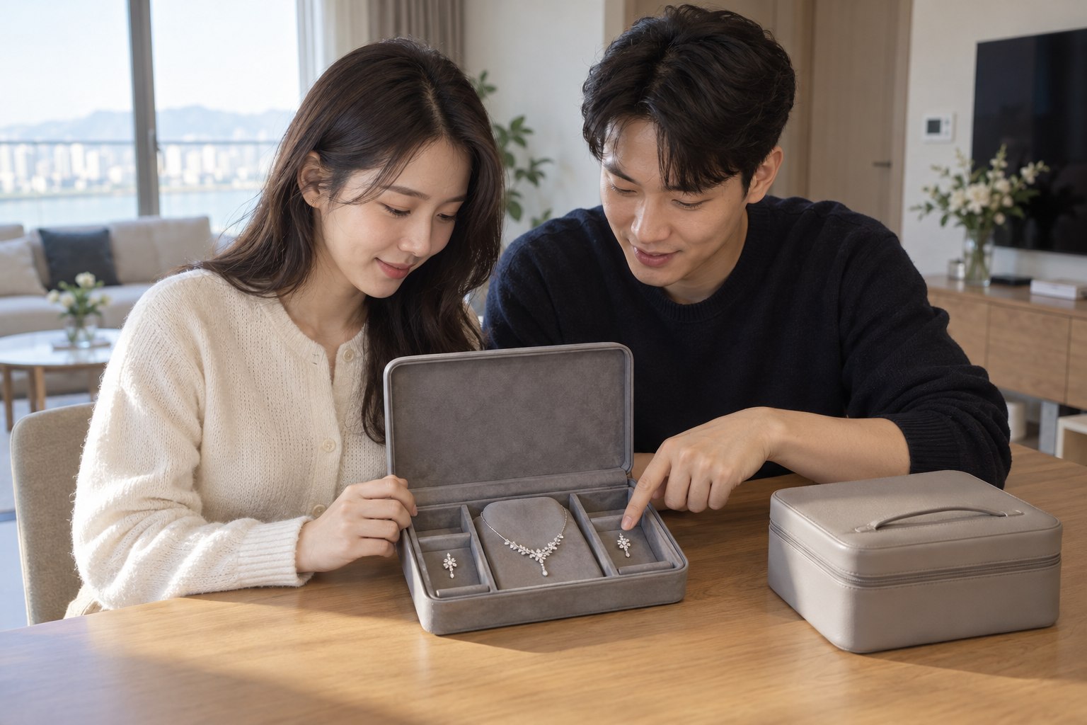 예식 뒤 주얼리를 케이스에 넣고 반납 구성을 확인하는 부부