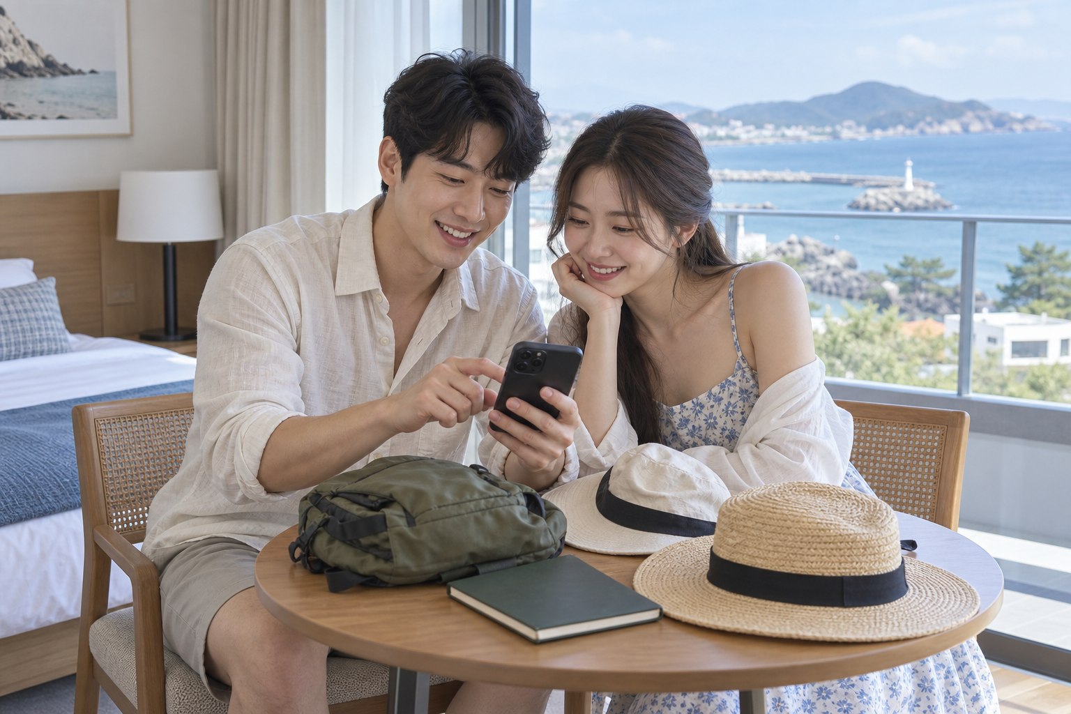 숙소에서 현지 투어 일정과 출발 준비를 확인하는 신혼부부
