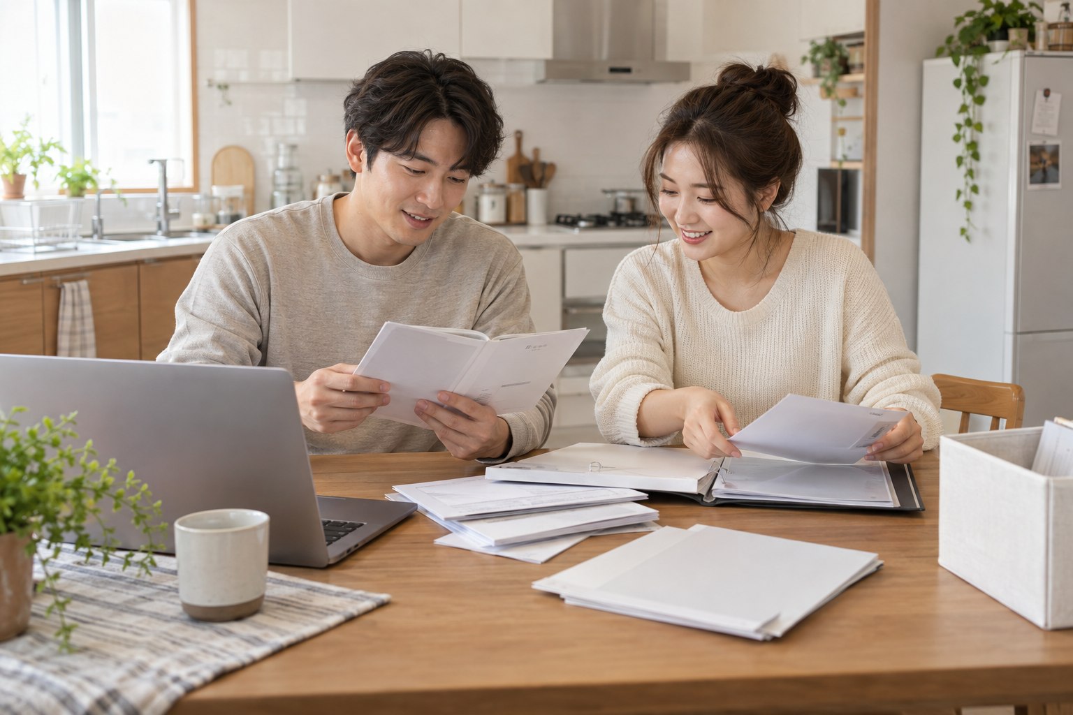 신혼집 식탁에서 가전 설명서와 구매 자료를 함께 분류하는 부부