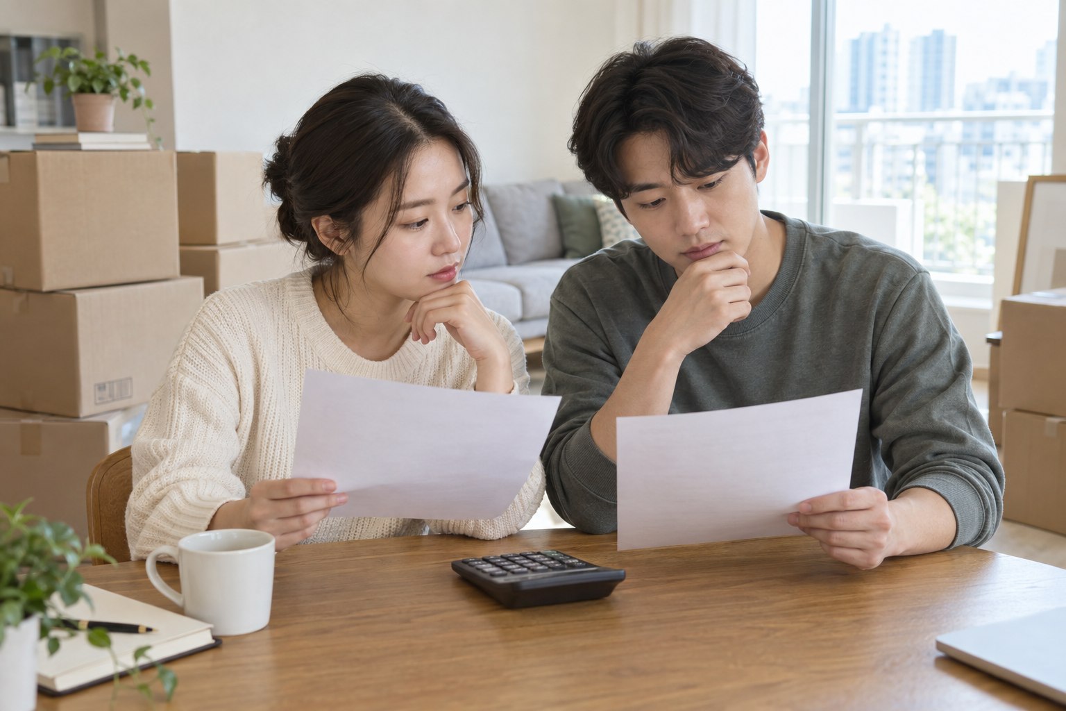 신혼부부가 이사 상자 옆 식탁에서 견적 자료를 함께 확인하는 모습