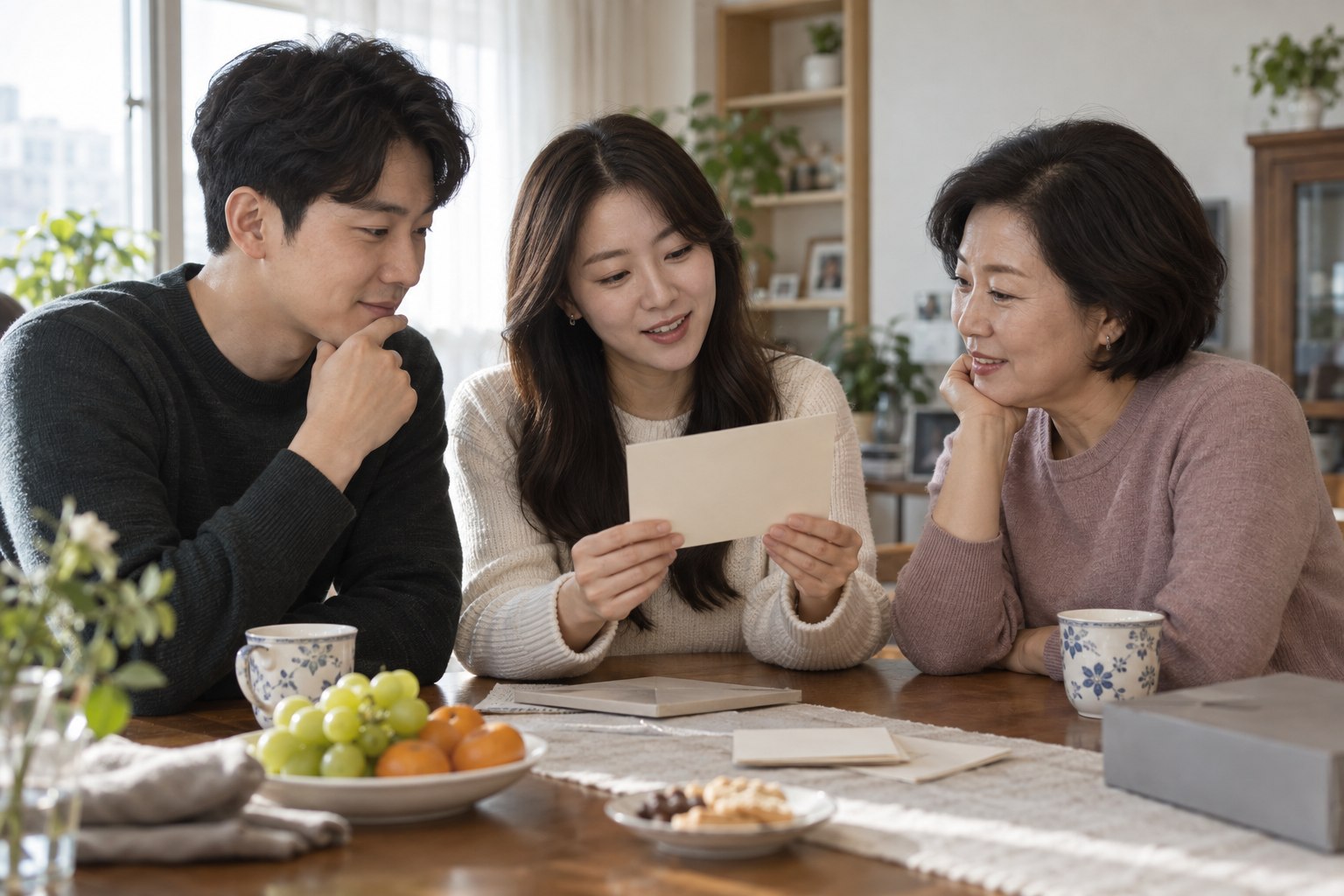 예비부부와 부모님이 식탁에서 청첩장 시안을 함께 살펴보는 모습