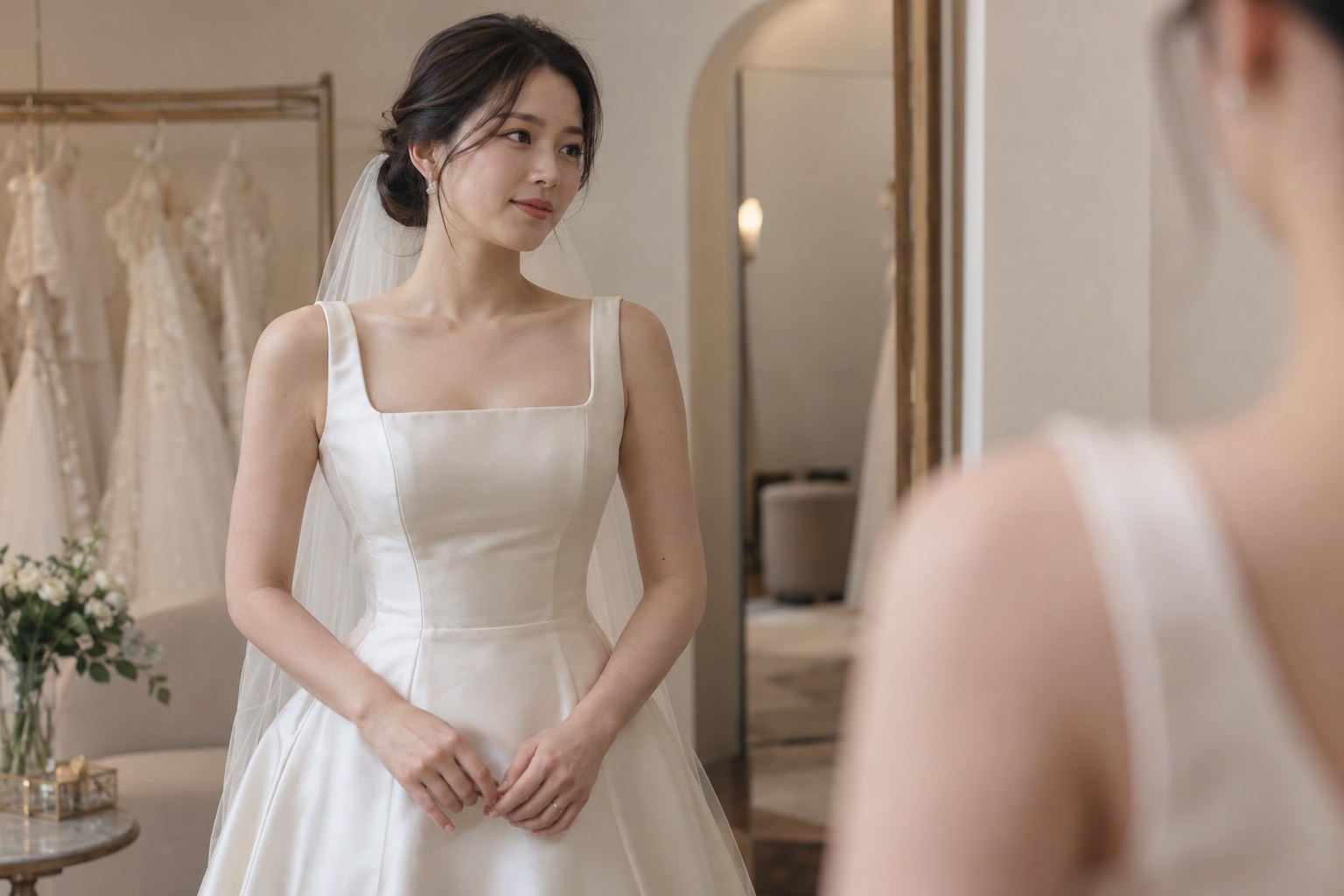 스퀘어 넥라인의 새틴 웨딩드레스를 입고 상체의 전체 인상을 확인하는 신부